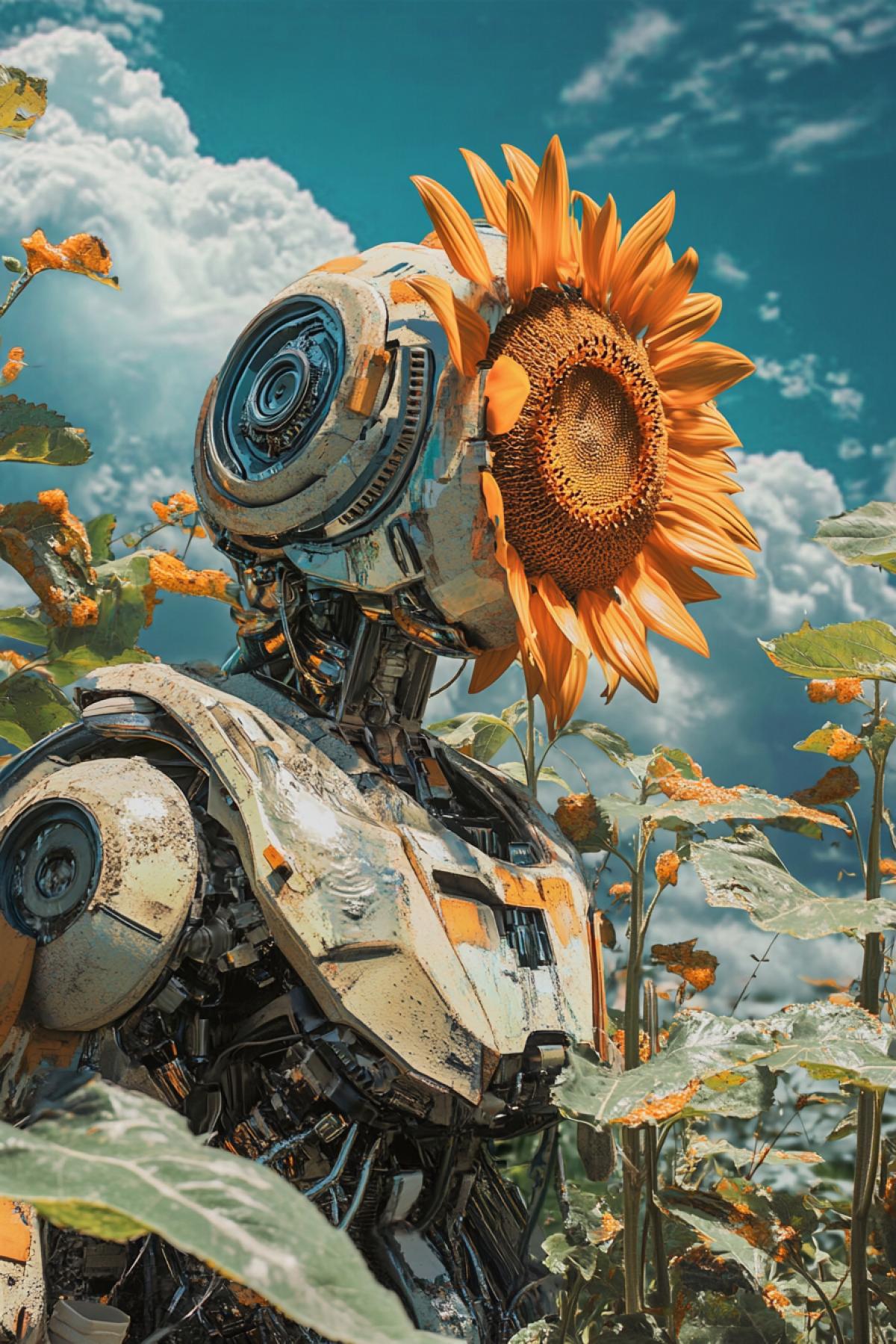 Agriculture of the future, sunflower, technology, robots and machines, futurism, SURREALISM, fusion, maximalism realistic image,