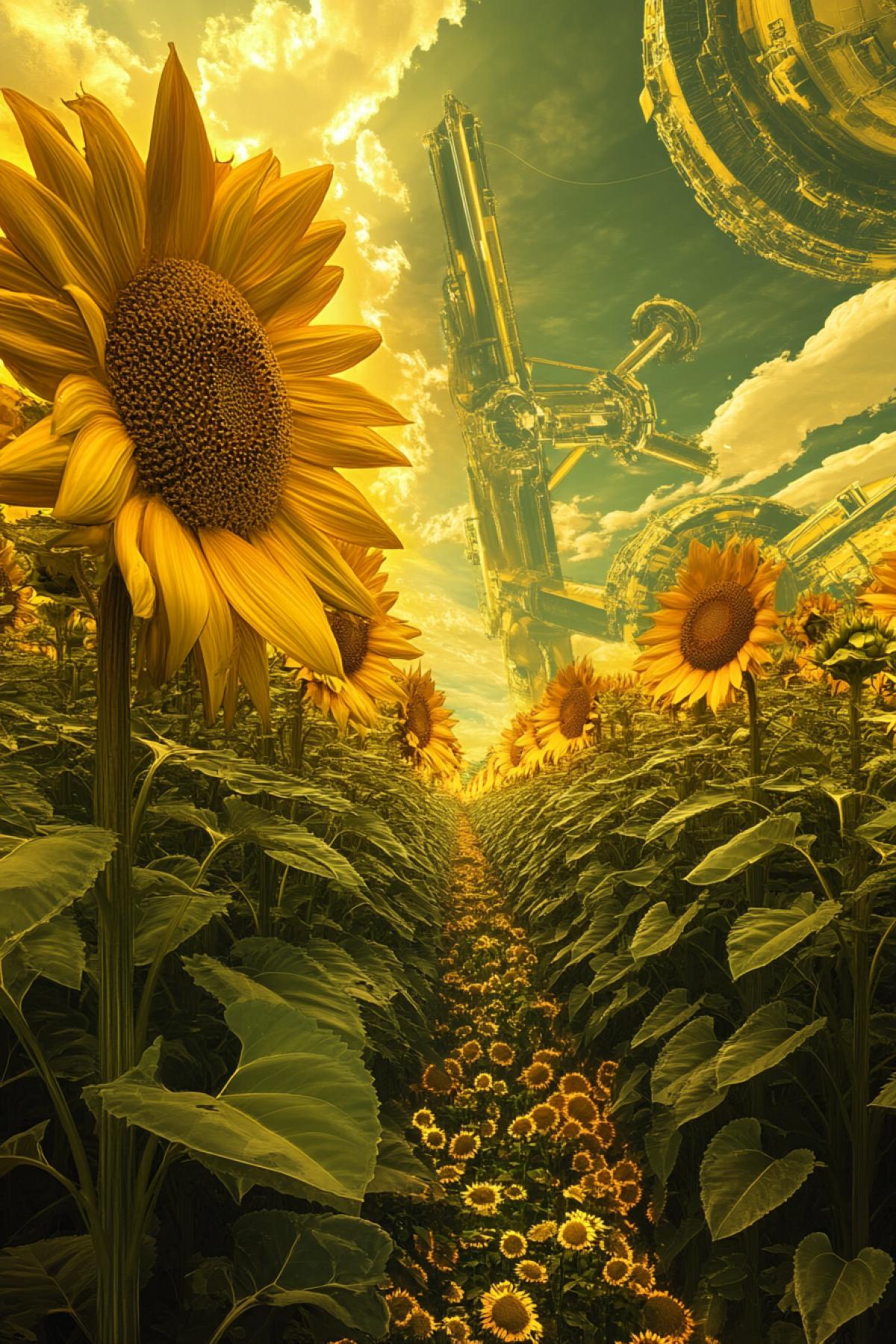 Futuristic agriculture of the future, sunflower, field, technology, machines, futurism, SURREALISM, maximalism realistic image,