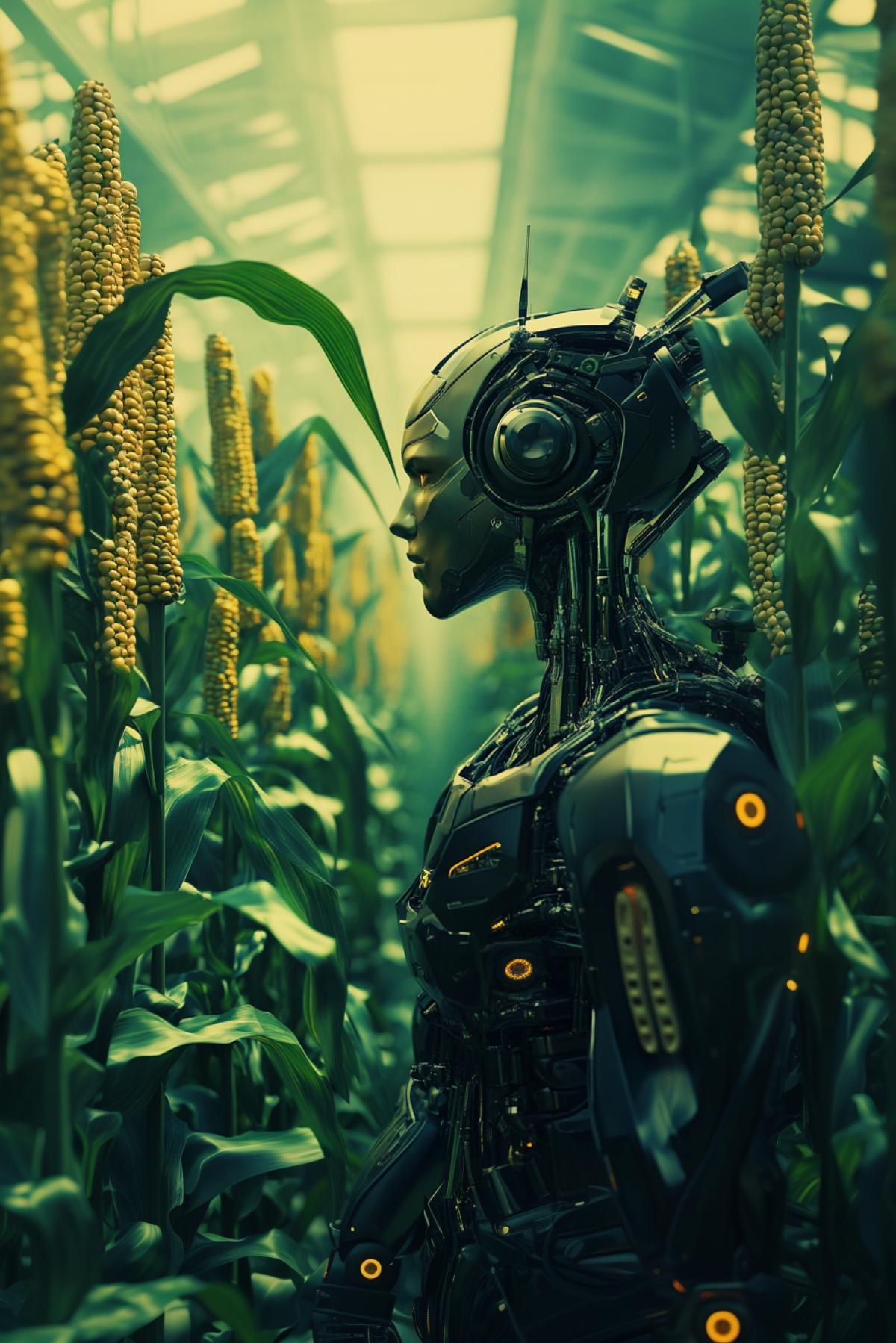 Agriculture of the future, corn, technology, robots and machines, futurism, fusion, maximalism realistic image,