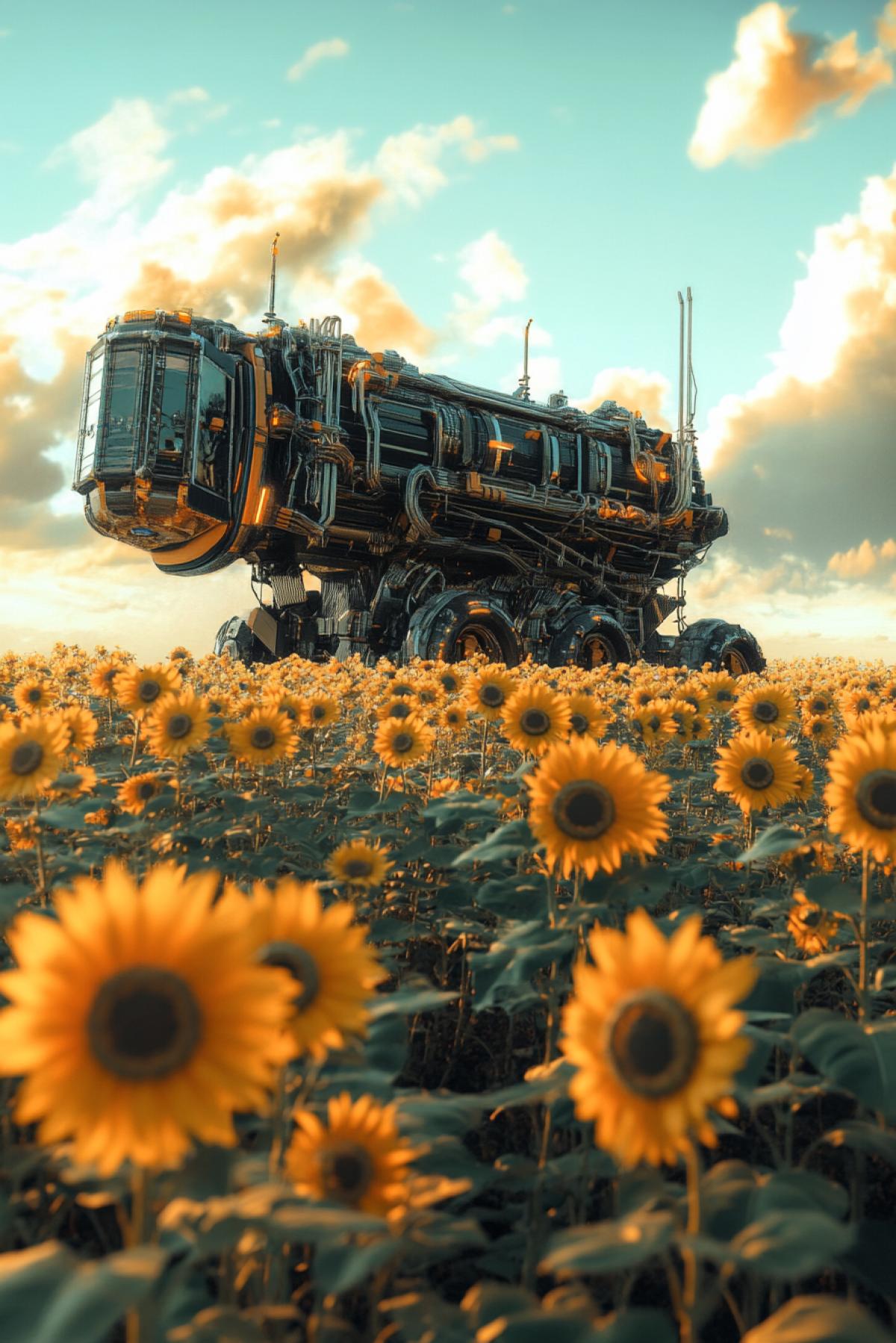 Futuristic agriculture of the future, sunflower, field, technology, machines, futurism, SURREALISM, maximalism realistic image,