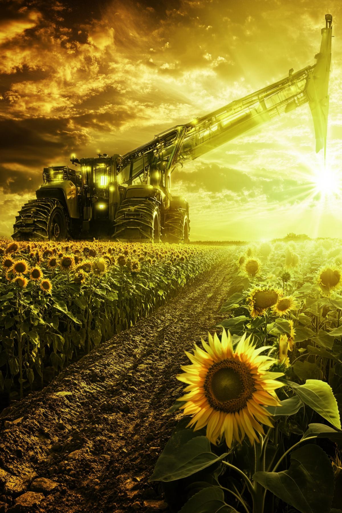 Agriculture of the future, sunflower, field, technology, machines, futurism, SURREALISM, fusion, maximalism realistic image,