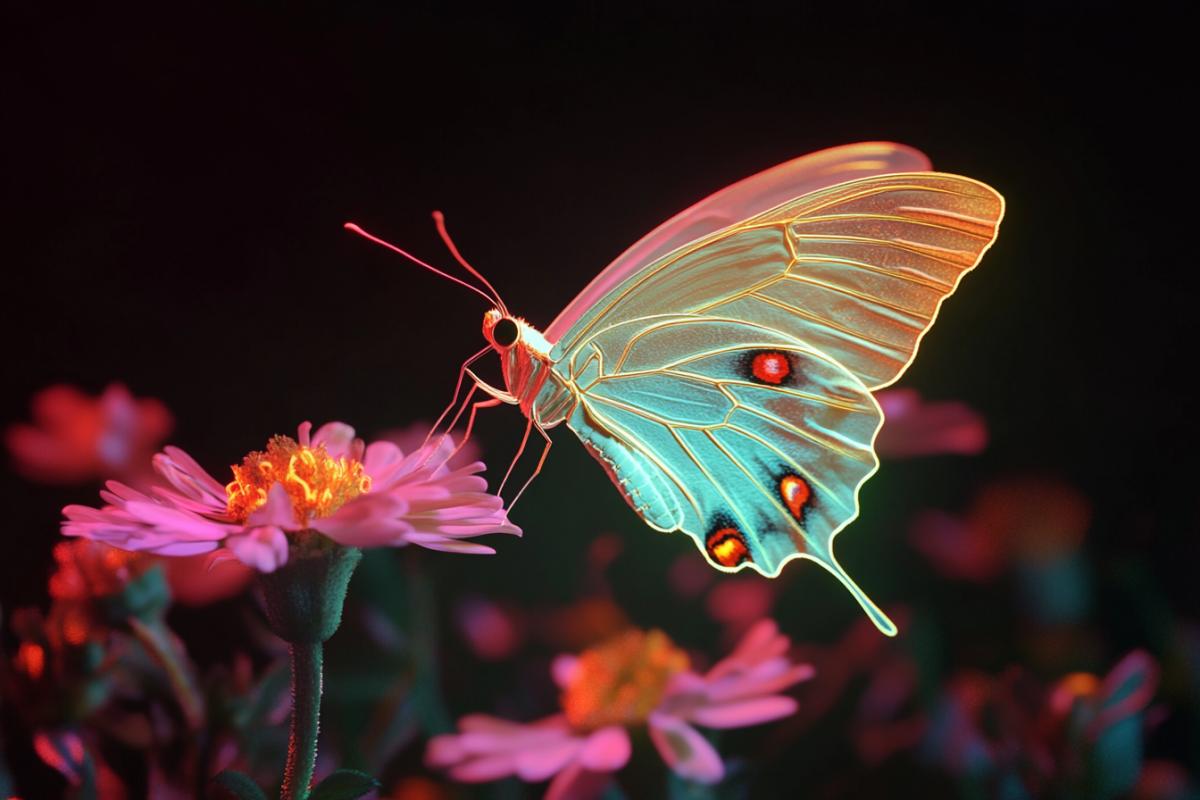 Neon butterfly. Flying over a flower at night