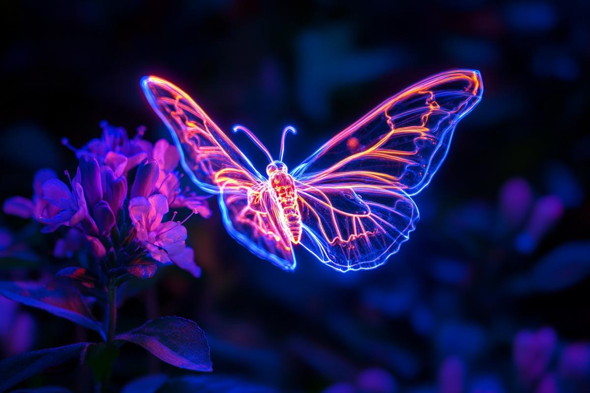 Neon butterfly. Flying over a flower at night