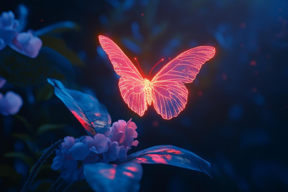 Neon butterfly. Flying over a flower at night