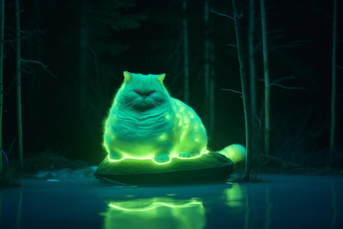 Luminescent neon fat cat on the swamp glows