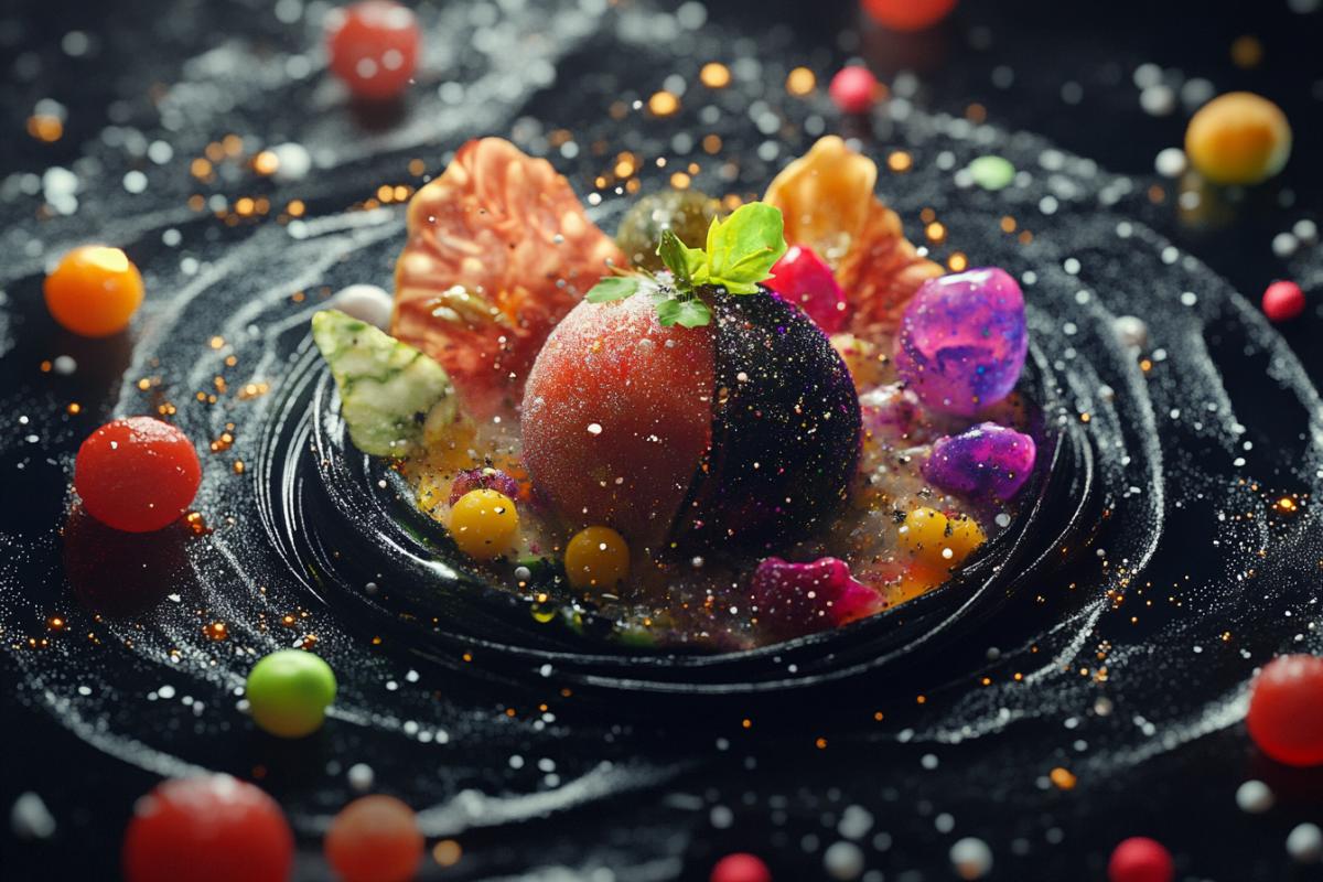 Molecular dish with food surrealism baroque galaxy fantasy
