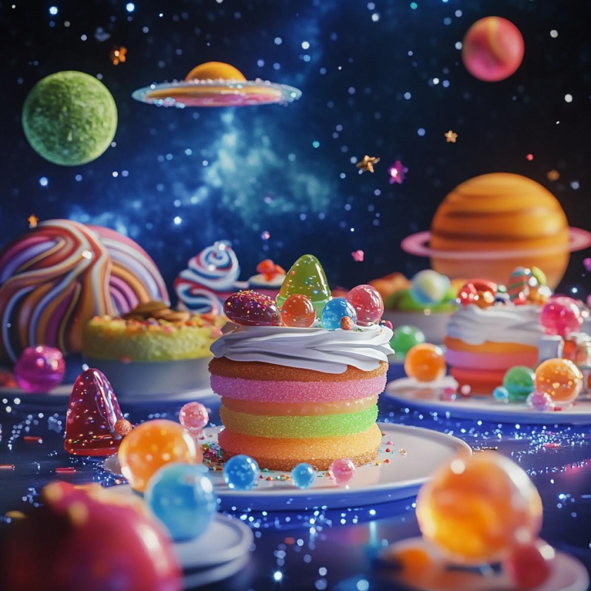Surrealistic picture of space kitchen with floating planets and constellations, candies and jelly colored desserts that glow in the dark, close-up