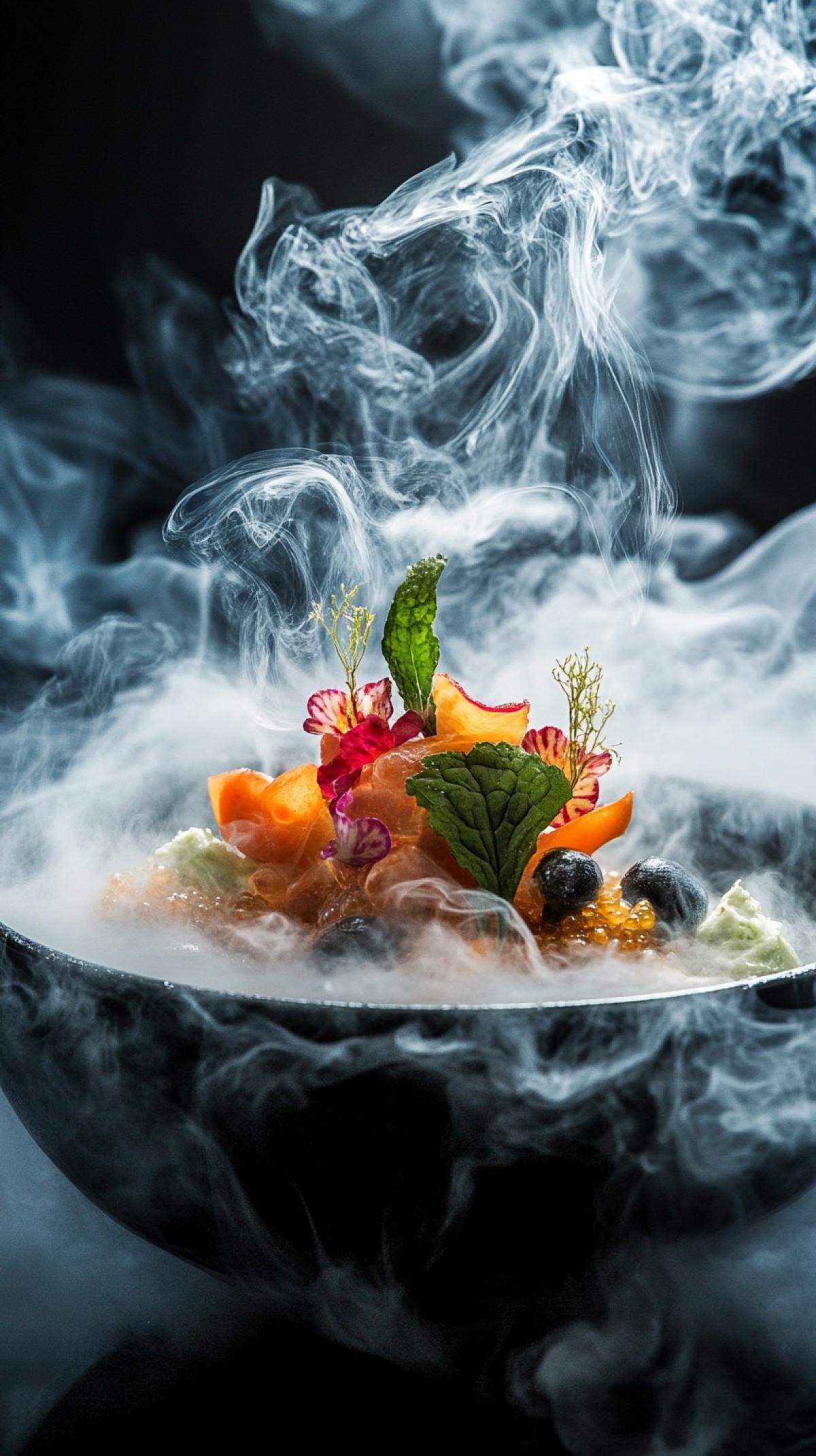 Molecular cuisine dish, Michelin restaurant, spectacular photo, smoke