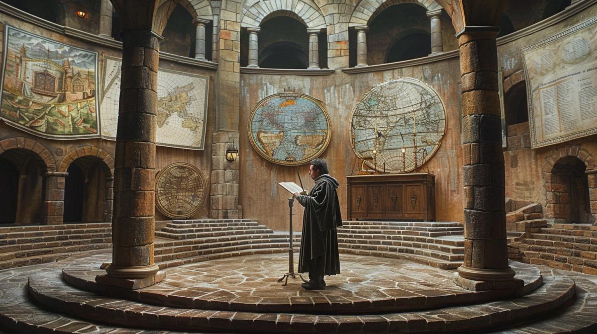 A man dressed as a 14th century scientist in an amphitheater-shaped auditorium shows a model of a flat earth on three pillars, ancient maps on the walls, a medieval atmosphere