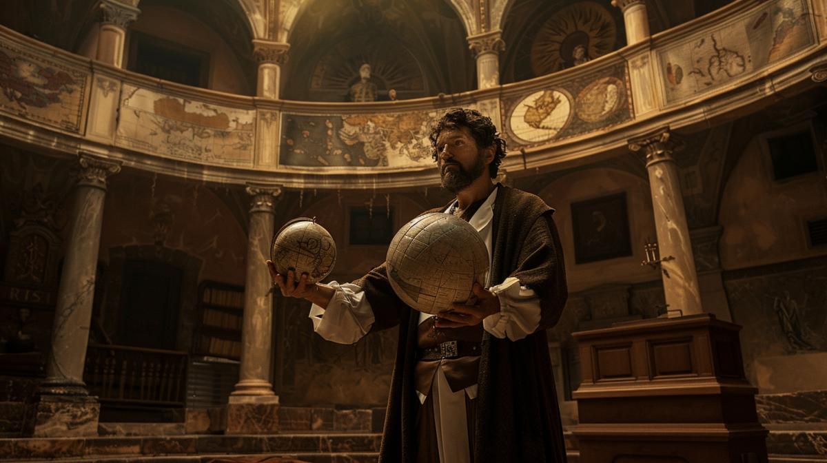 A man dressed as a 14th century scientist in an amphitheater-shaped auditorium holds in his hands a model of a flat earth [1] on three pillars, ancient maps on the walls, a medieval atmosphere
