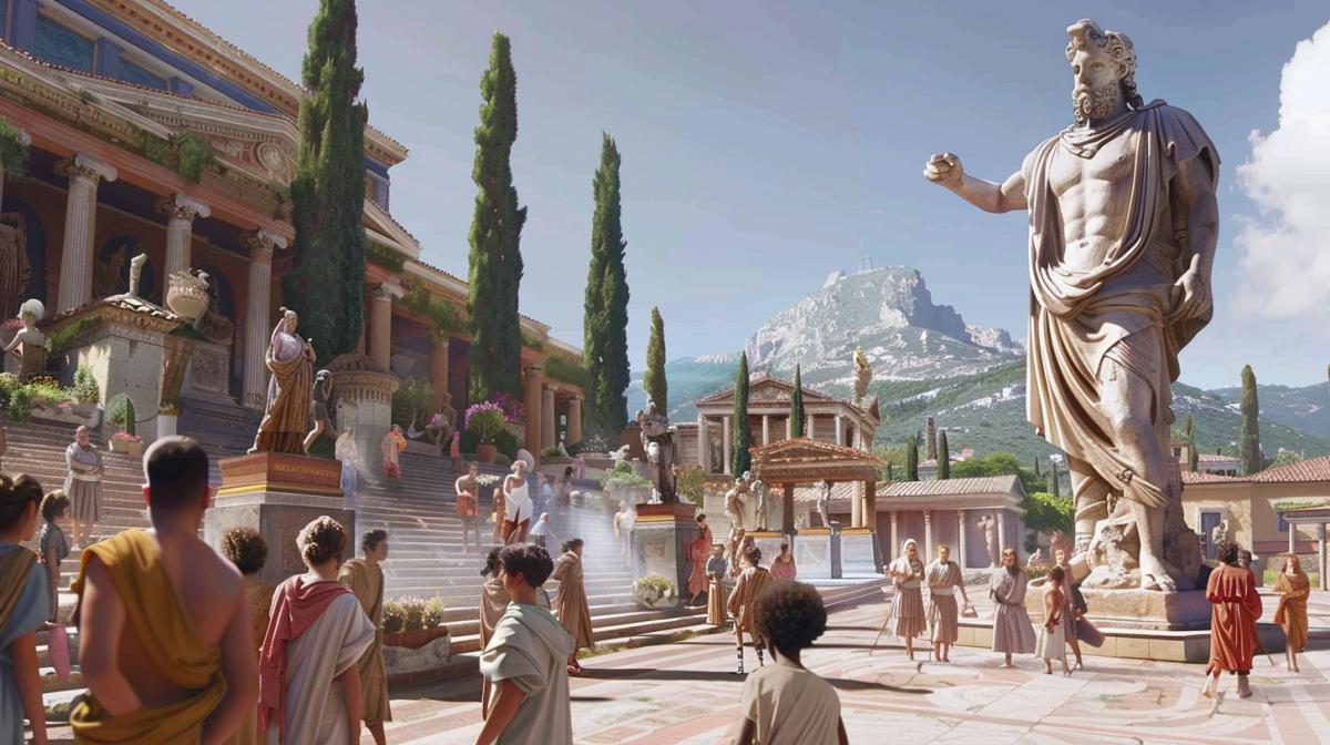 In an ancient Roman city, a teacher shows students a big statue of Zeus, the atmosphere of ancient Rome, Mount Olympus is visible in the background, big statues of Roman gods, children in tunics