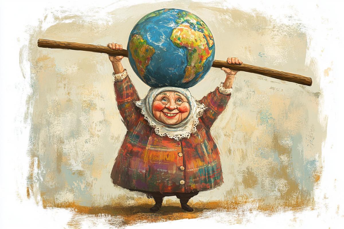 Caricature of a Russian grandmother with a stick holding a big globe above her head in her arms, the earth is flat