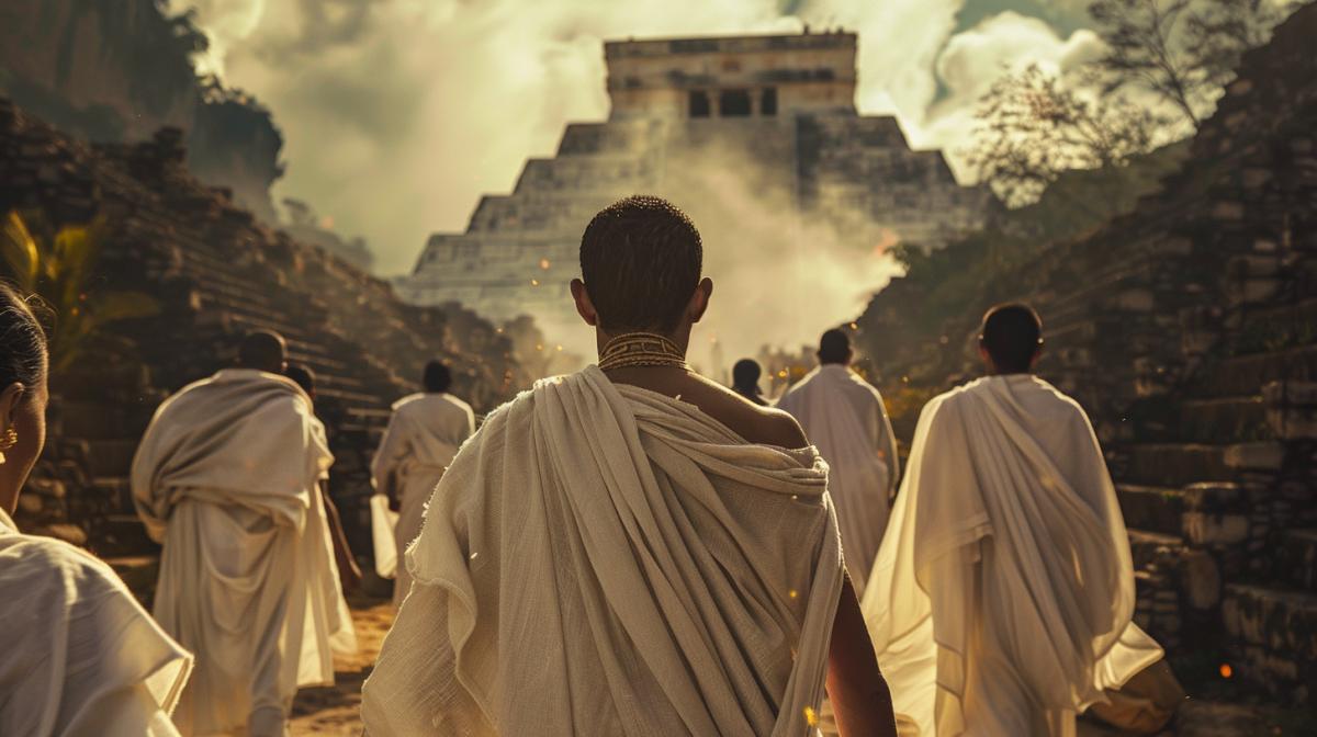 Mayan Indian priests lead a young man in white robes to the Mayan pyramid, an atmosphere of mystery and mysticism