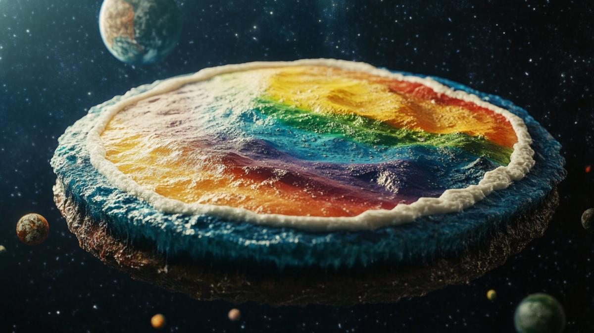 colorful Planet earth like a flat pancake,  against the backdrop of outer space