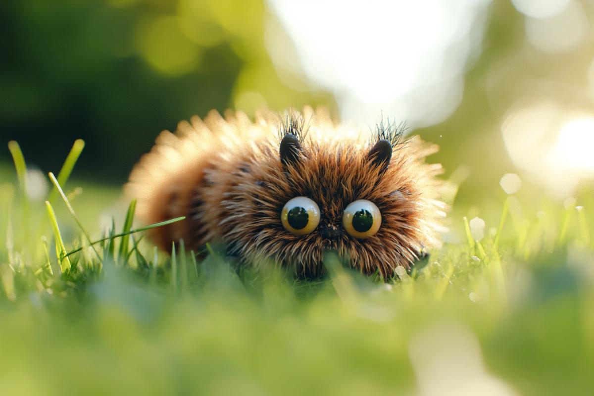 A cute, kind fluffy worm with cat eyes crawls through the grass