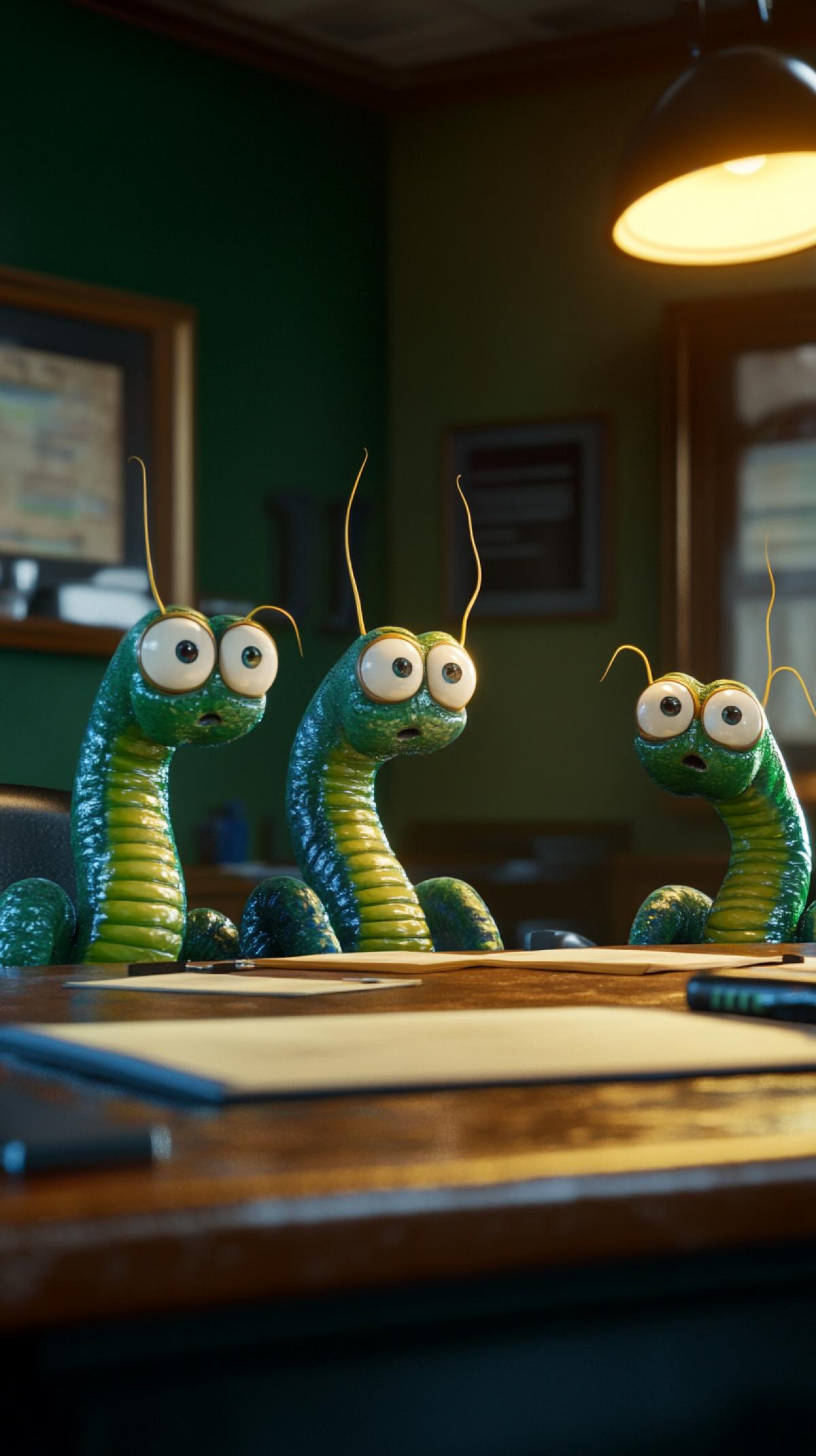 cartoon worms are sitting at the negotiating table. office of worms