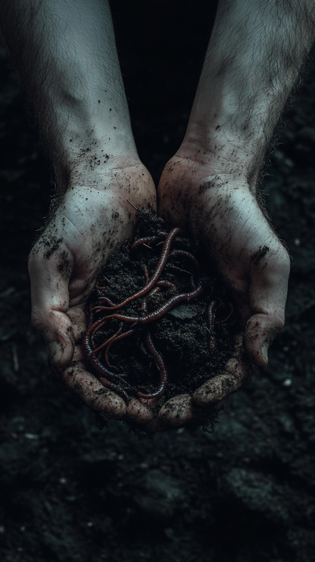 high quality photo, male hands holding a pile of worms with soil