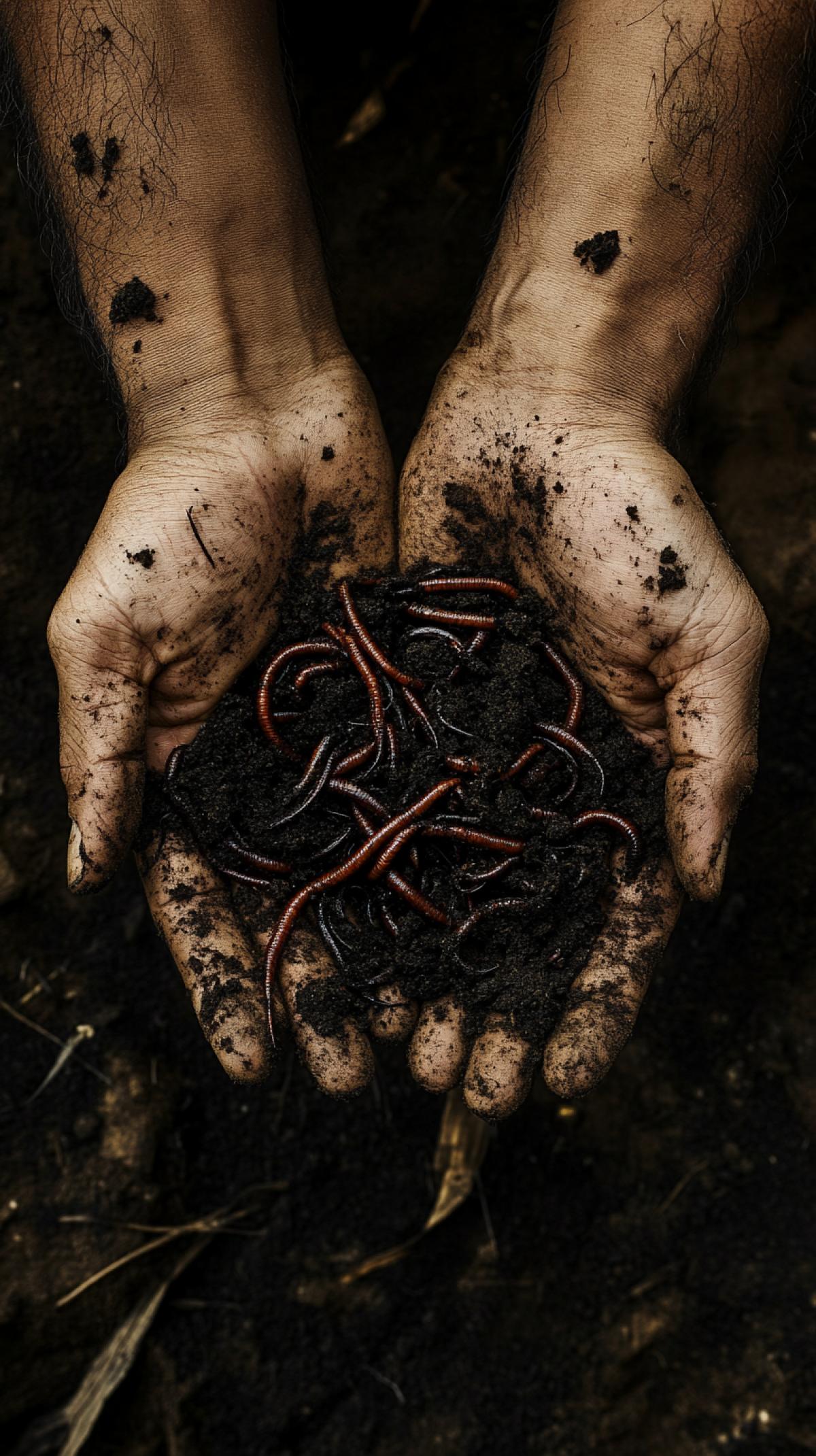 high quality photo, male hands holding a pile of worms with soil