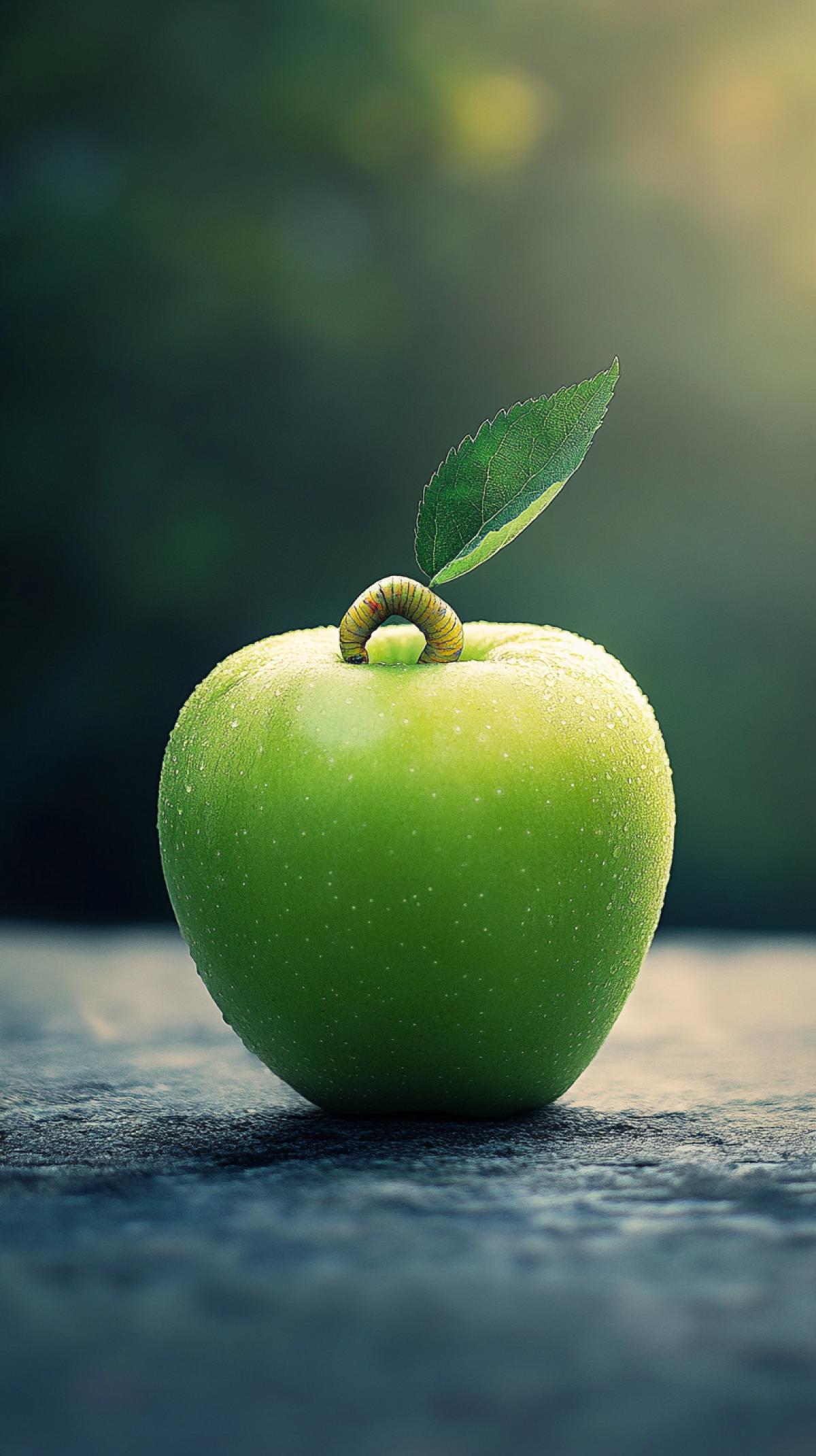 photo of an apple with a worm peeking out of it