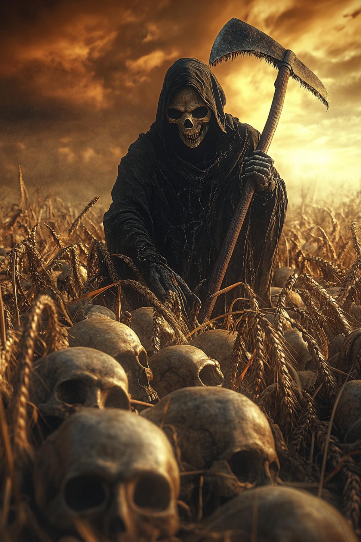 Death mows the ears of skulls with a scythe in the field while harvesting