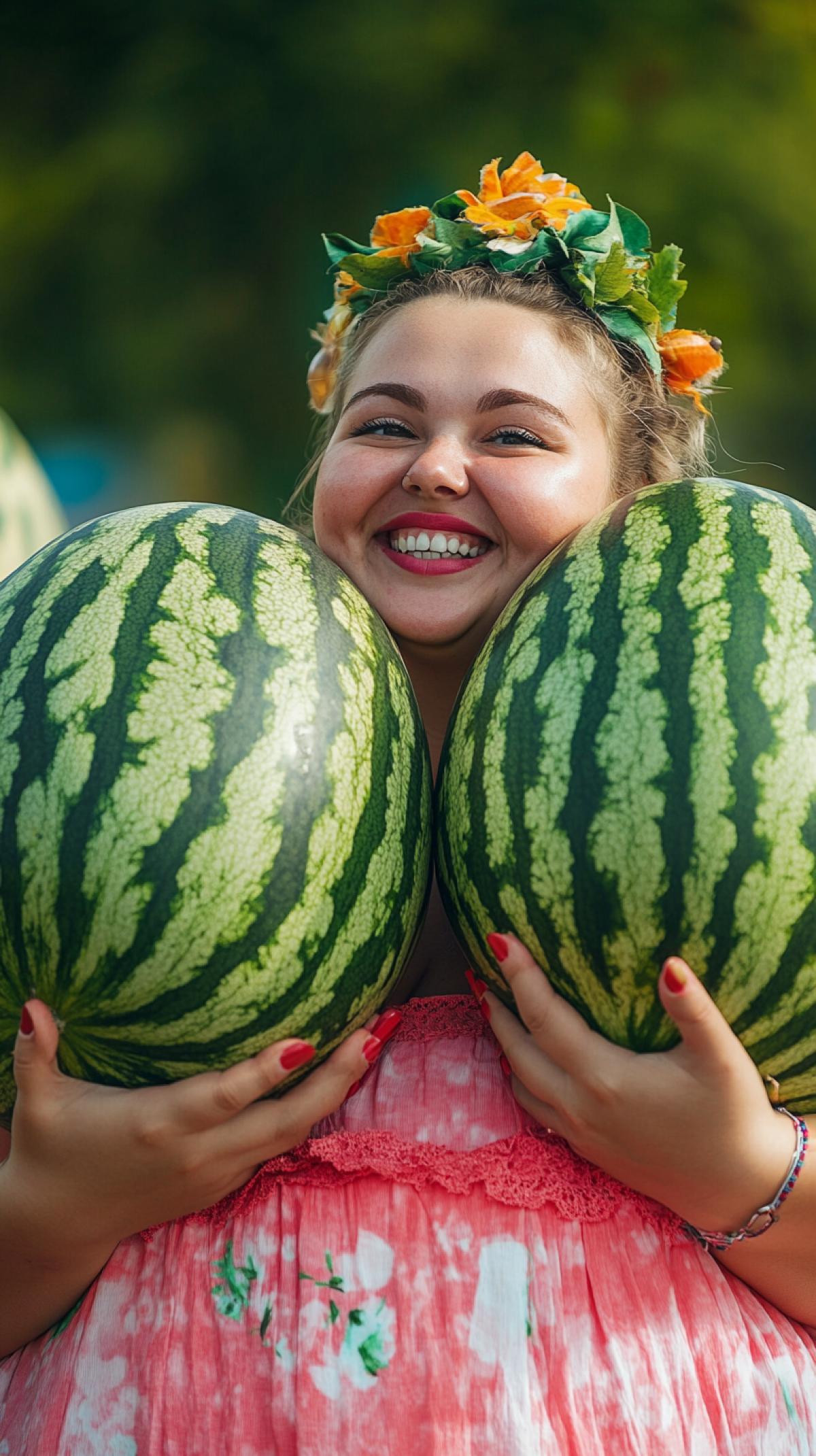 fat woman with two large watermelons in her hands, harvest festival, fair