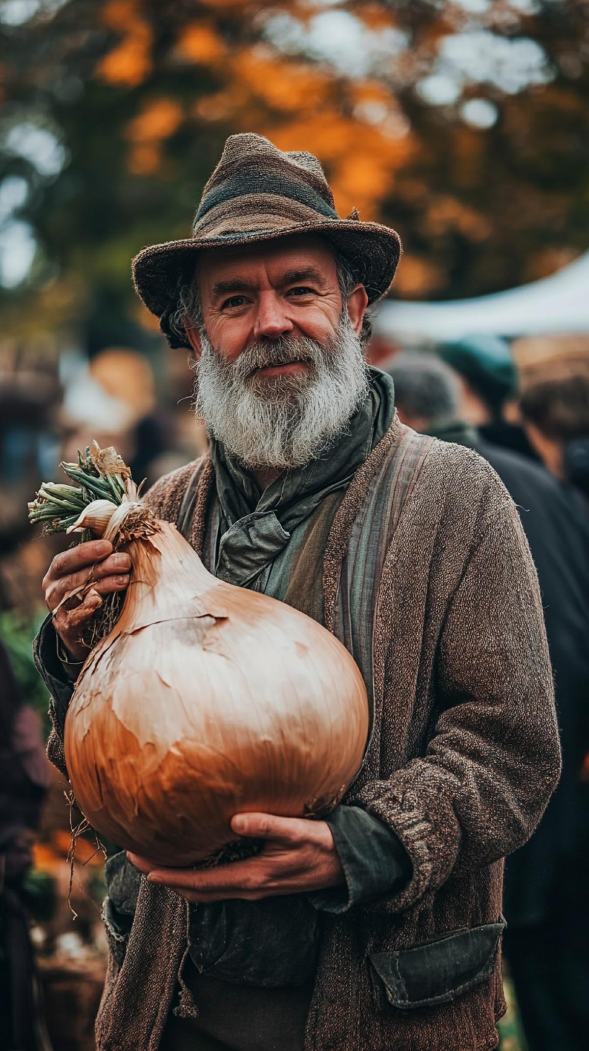 man holding big onion, harvest festival, fair