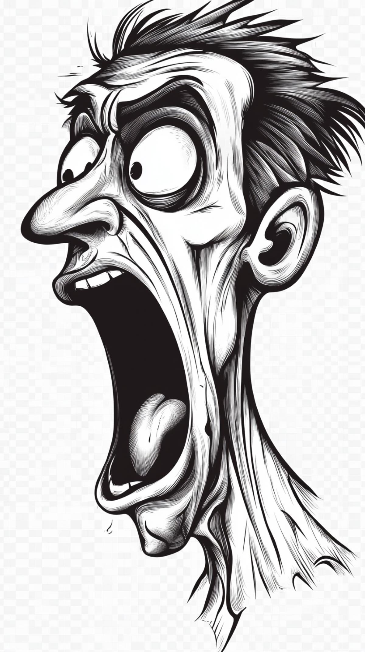 Cartoon line art illustration, scared man screaming, side profile, frightenedd coloring pages, line art, line art png