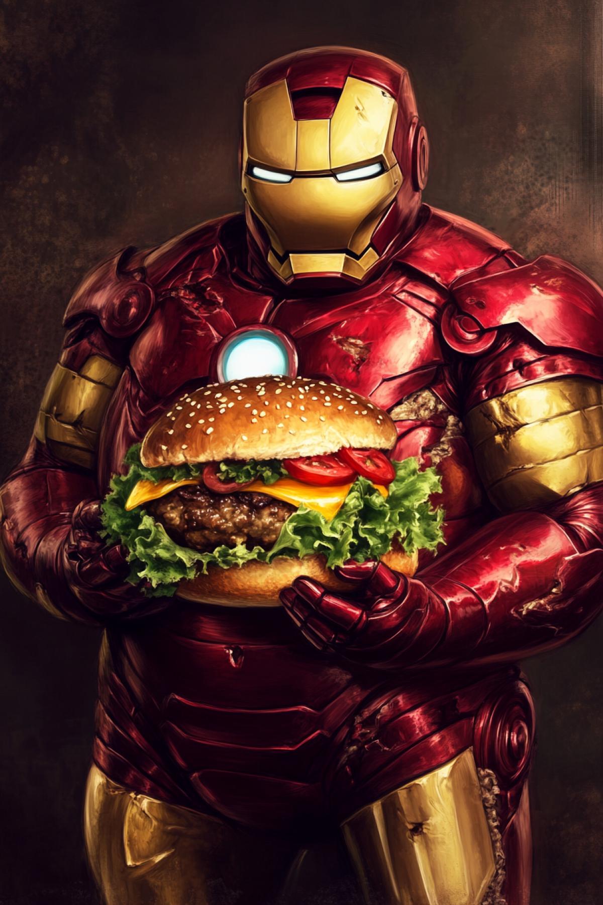 A caricature of a very fat iron man. Burger in hand.