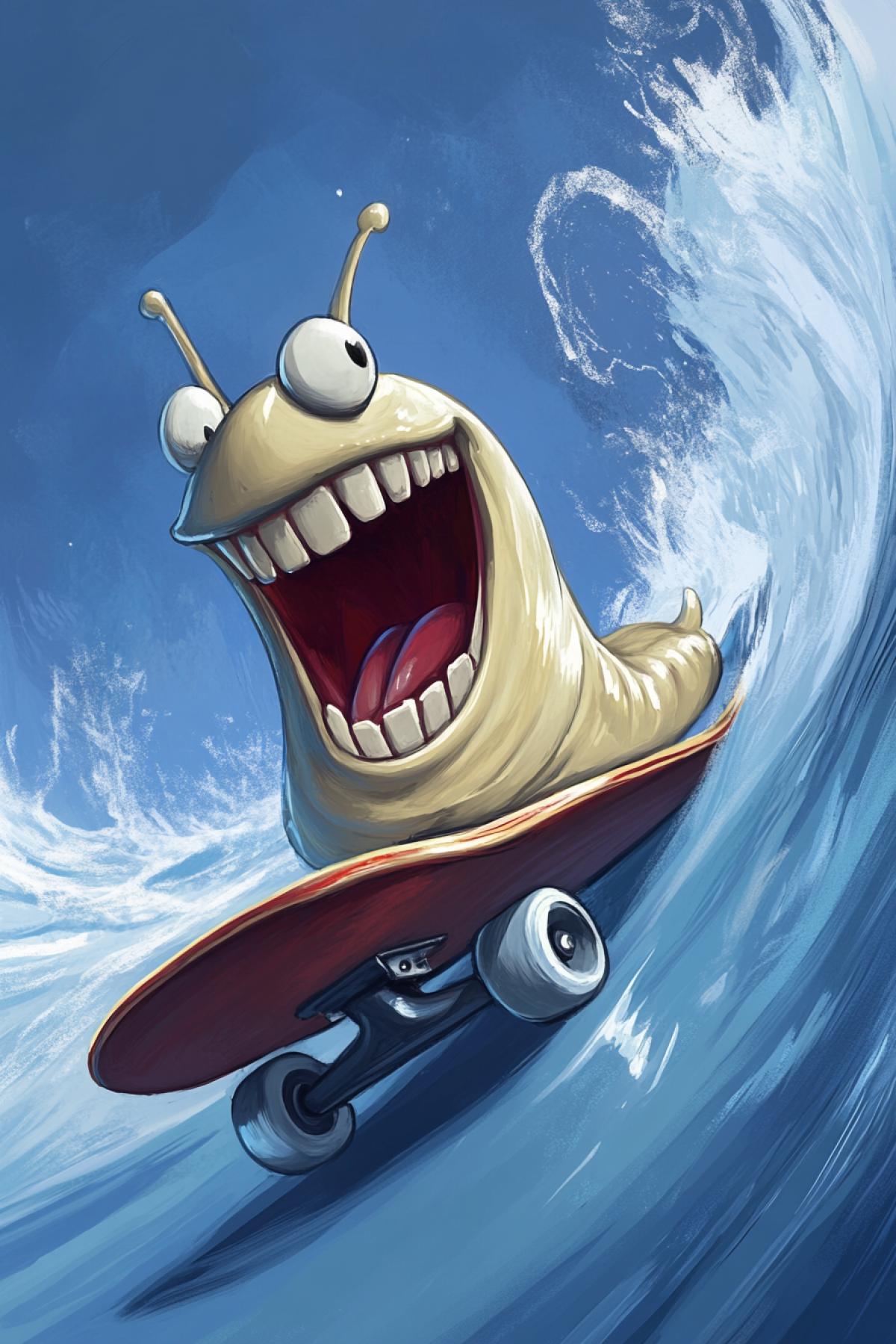 Crazy speed snail on a skateboard. Humorous caricature.