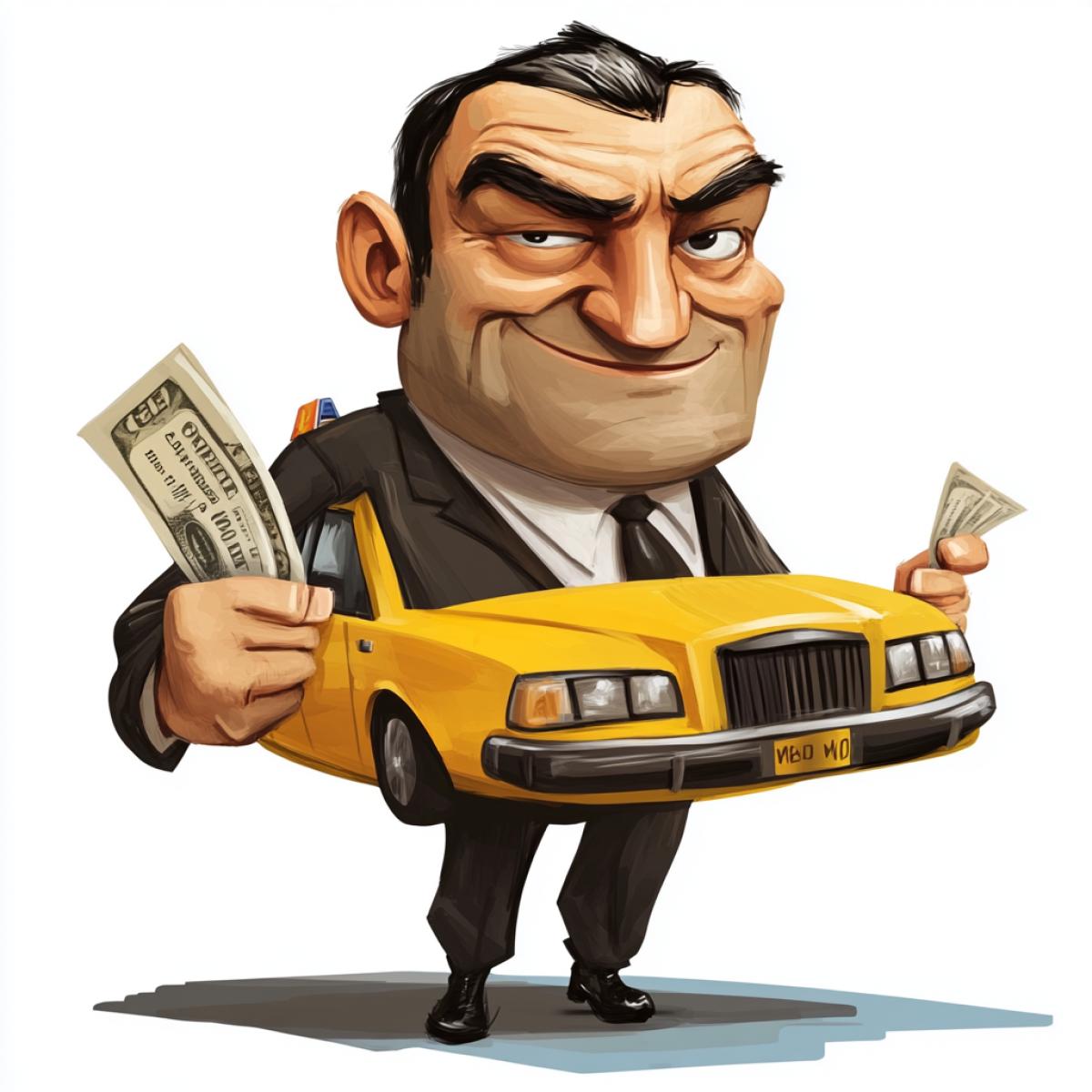Caricature of a taxi driver. Big head and big hand with a bill in hand