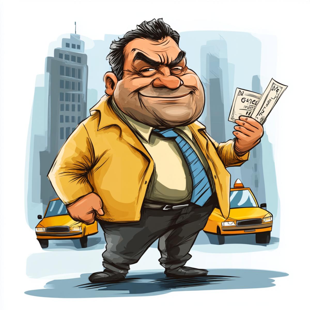 Caricature of a taxi driver. Big head and big hand with a bill in hand