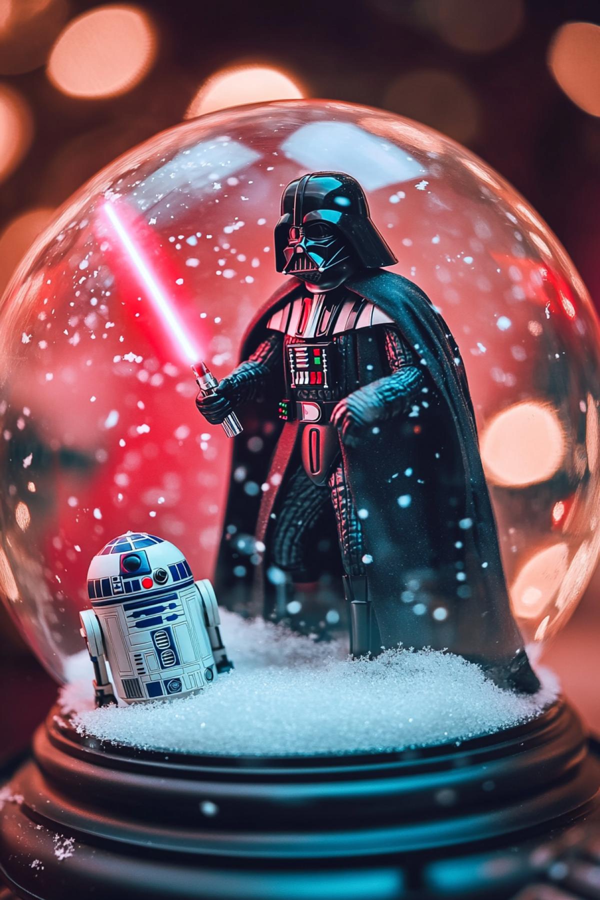 photo of a snow globe with snow inside and Darth Vader with a lightsaber and r2d2 robot