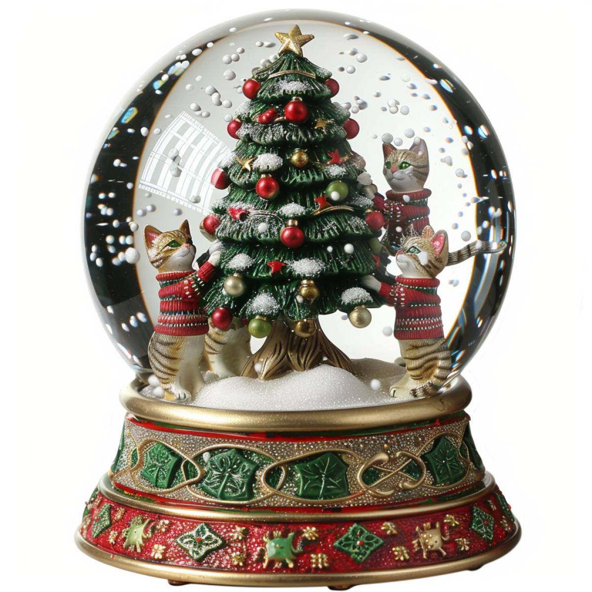 Photo of a snow globe, it’s snowing inside and cats in sweaters are having fun