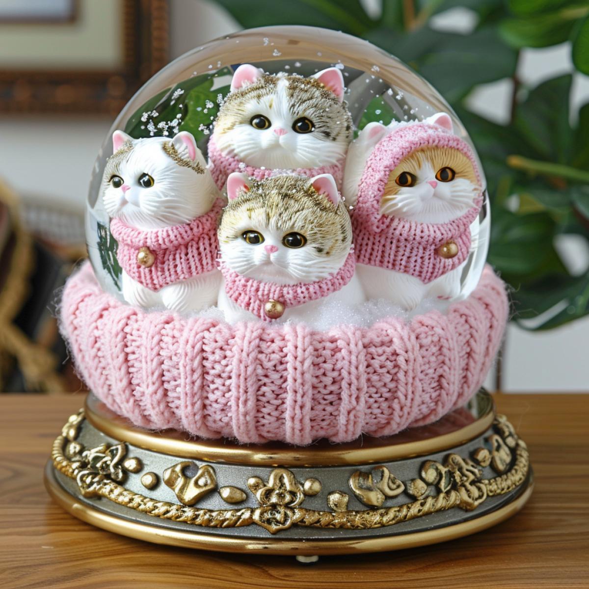 Photo of a snow globe, it’s snowing inside and cats in sweaters are having fun