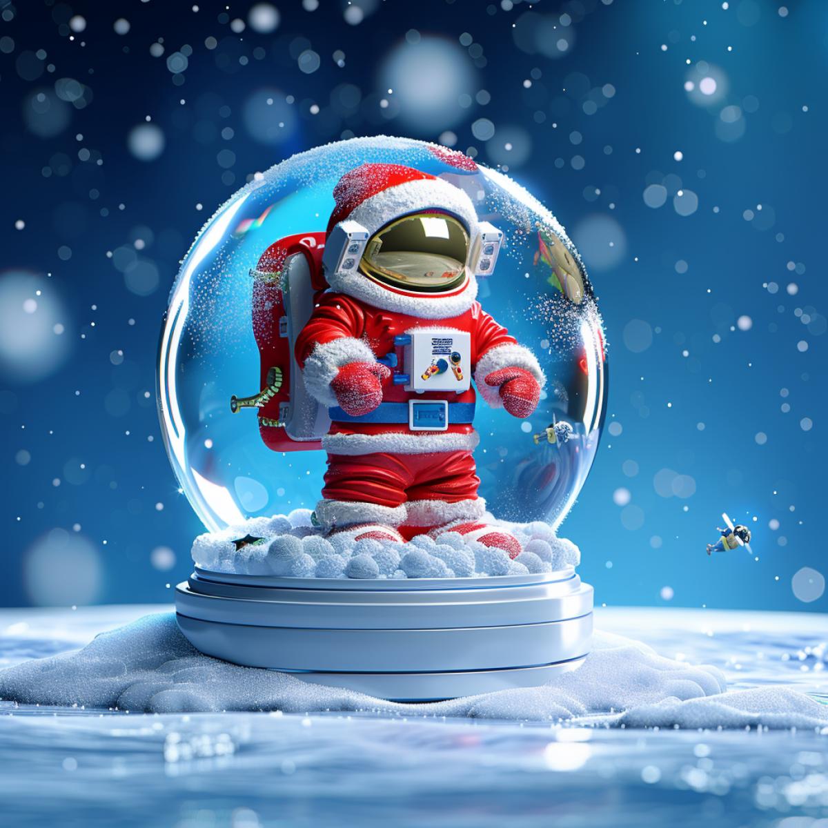 Photo of a snow globe, it’s snowing inside and astronauts are flying around the planet