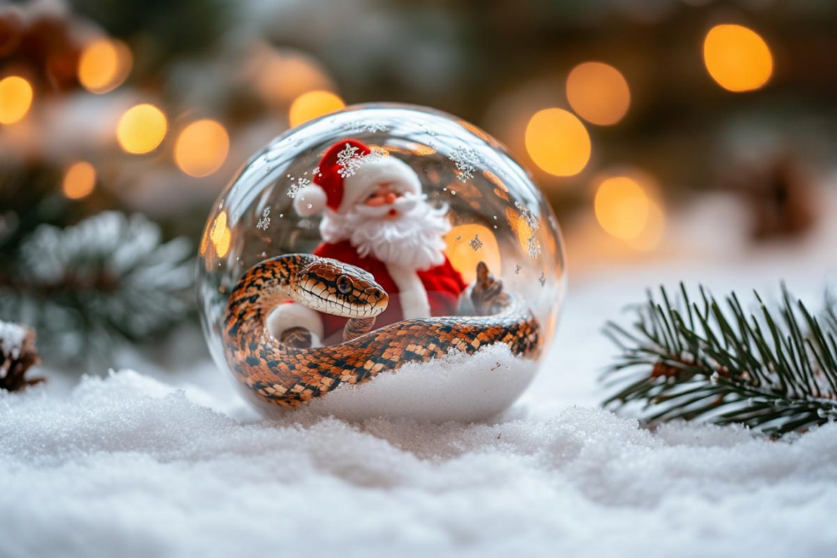 Snowy New Years ball with the cutest snake Santa Claus inside Kenai baroque