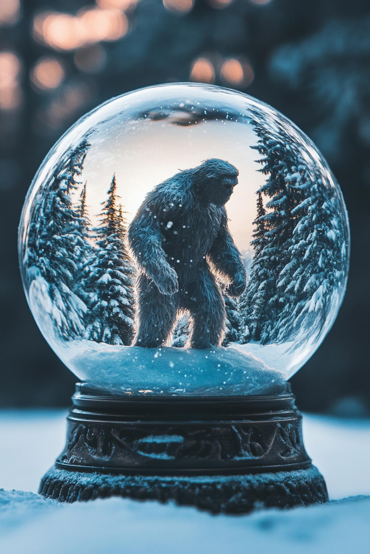 Snow globe, new year, Bigfoot, Alaska, flickering, minimalism, fusion, Mysterious background