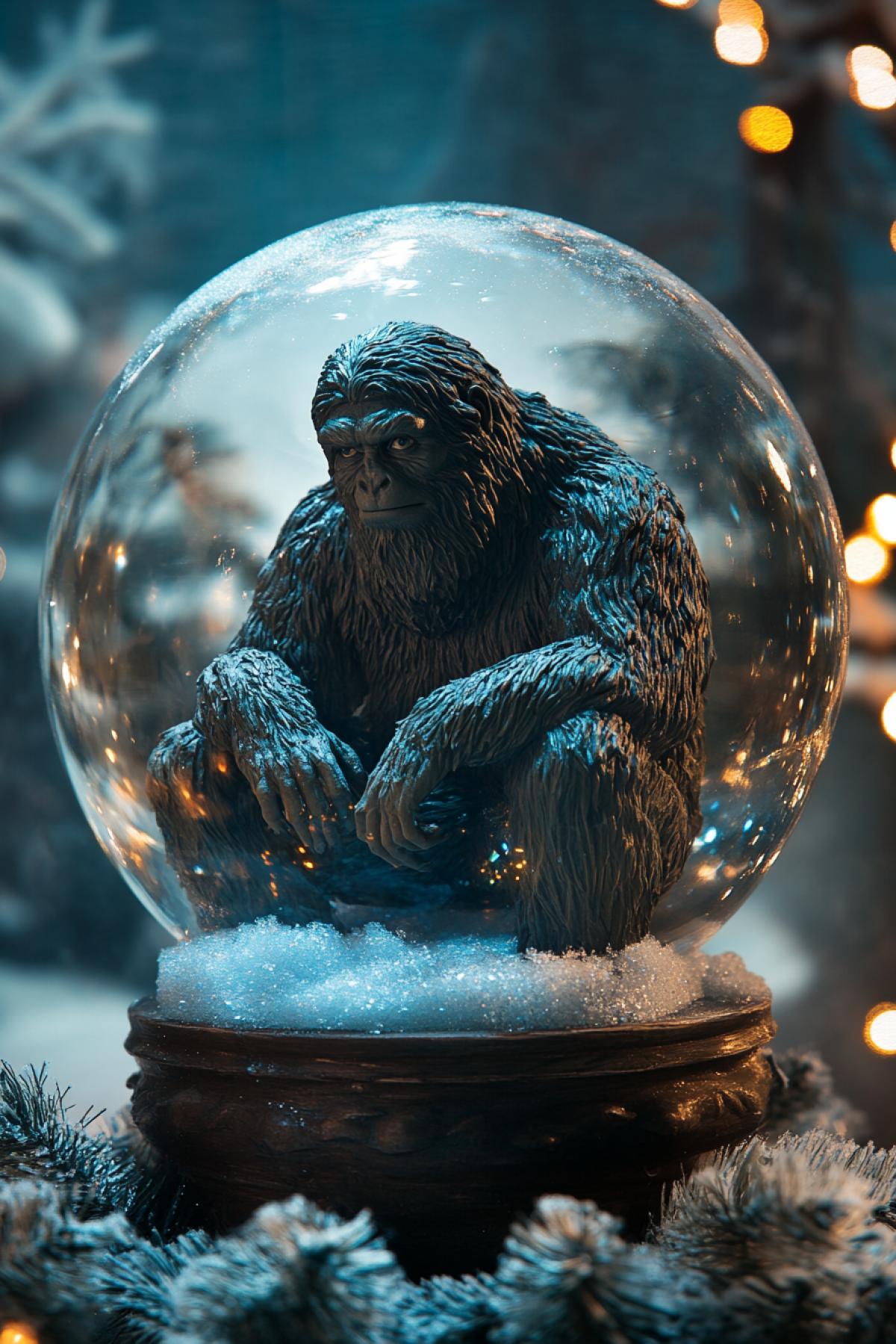 Snow globe, new year, Bigfoot, Alaska, flickering, , fusion, Mysterious background