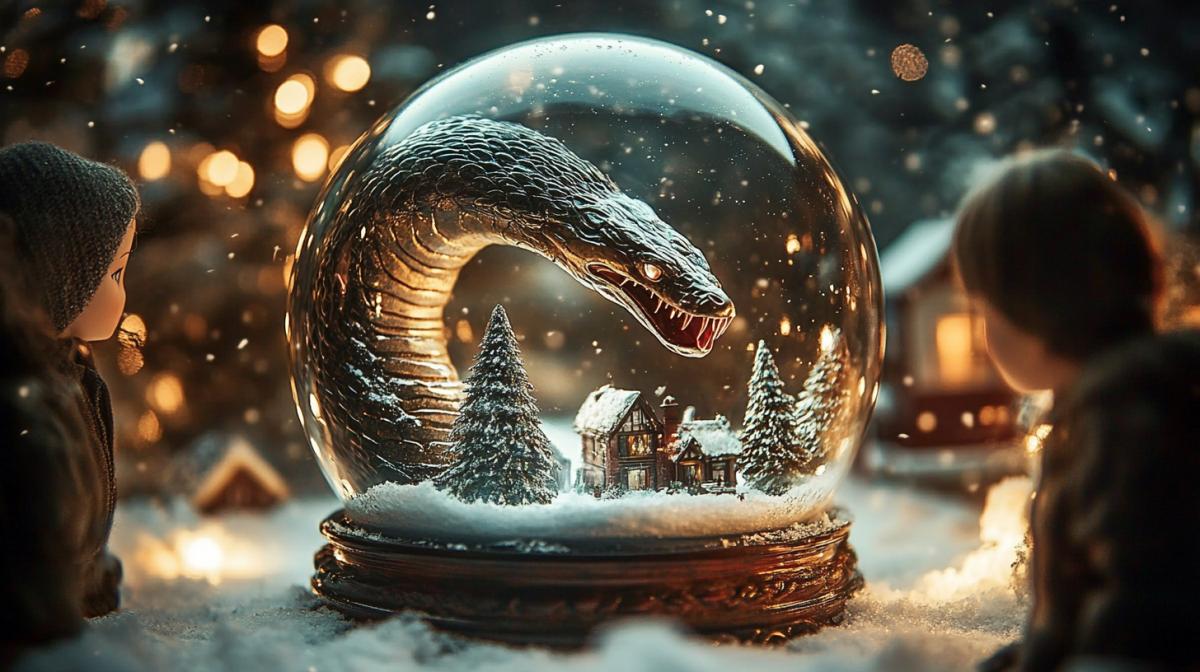 photograph of a glass snow globe with a crack on a stand, inside there is a scary snake monster, snow is falling, snowflakes, Christmas trees, New Years houses, next to little women, men, children looking at the ball