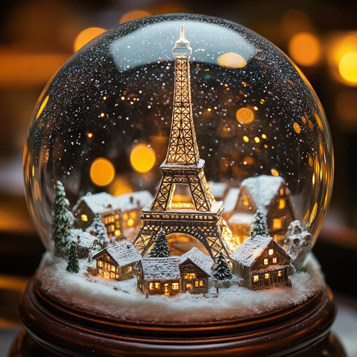 New Years snow globe. Inside, the Eiffel Tower is illuminated by light from above, and around it are village huts covered in snow in the night. Everything shines and shines