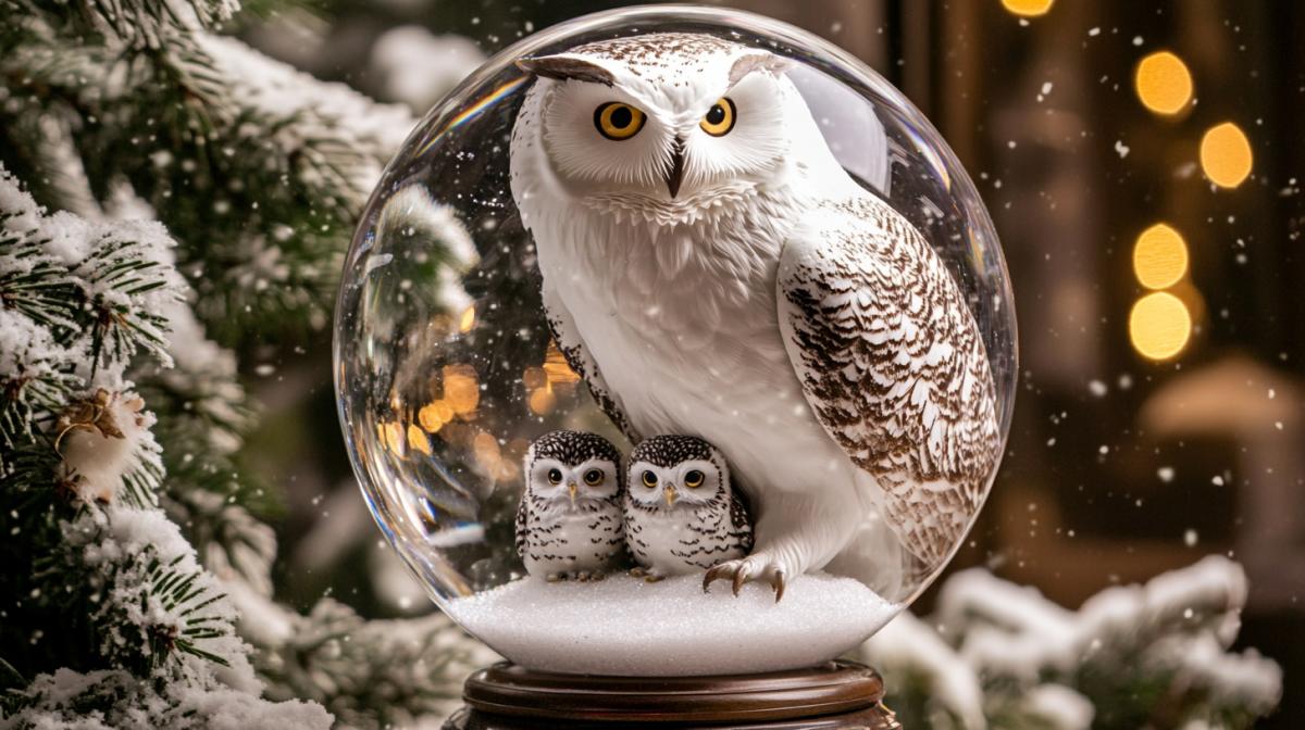 Large glass snow globe on a stand, inside the owl has spread its wings, protects the owlets from the snow, next to the owl there are owls under their wings inside the ball, Christmas trees, snowflakes