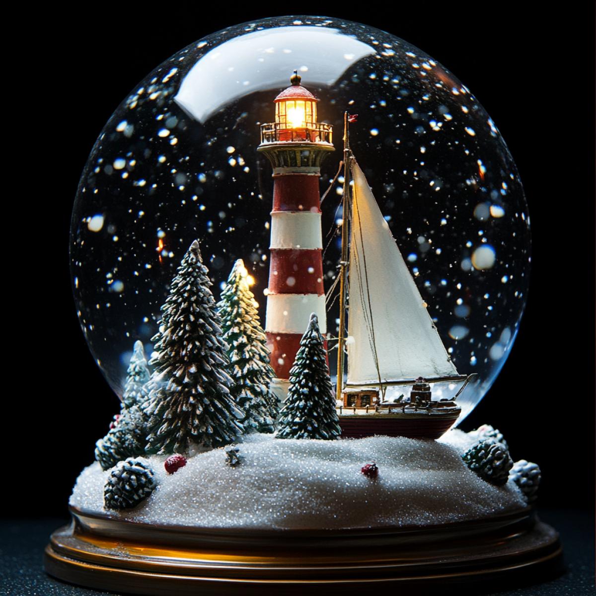 New Years snow globe.  Inside, the lighthouse and sailing yacht are illuminated by light from above,  snow-covered Christmas trees in the night. Everything is sparkling