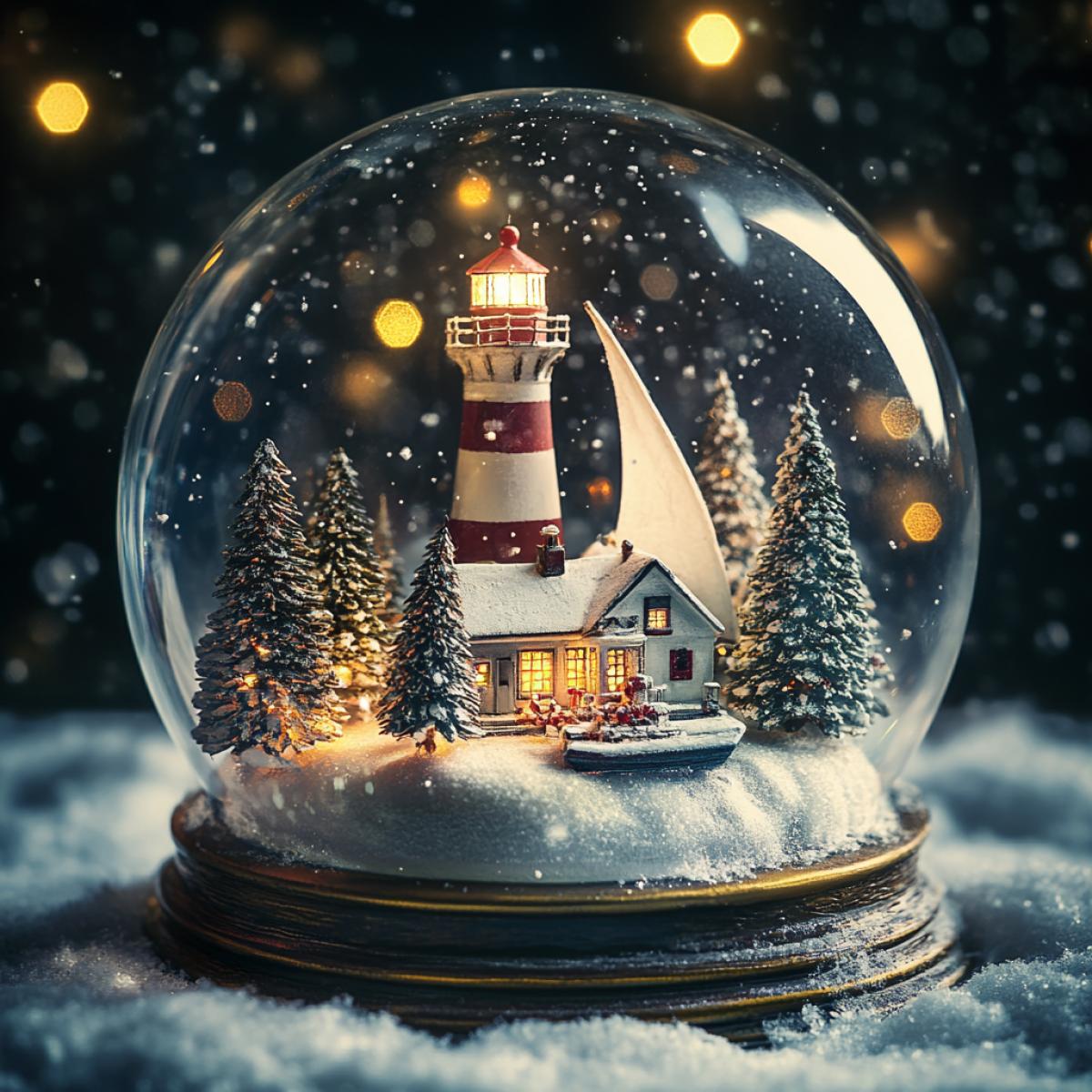 New Years snow globe.  Inside, the lighthouse and sailing yacht are illuminated by light from above,  snow-covered Christmas trees in the night. Everything is sparkling