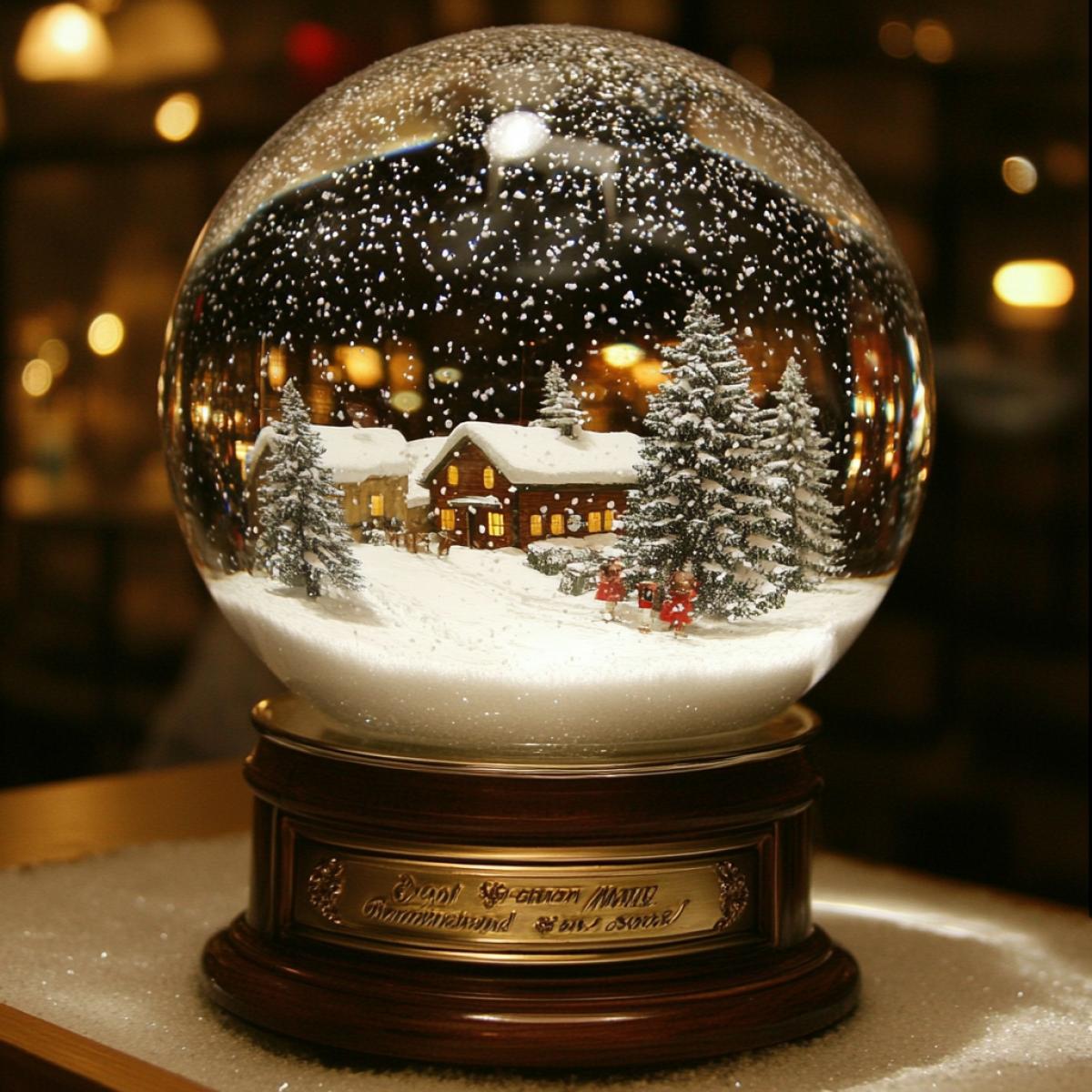 Photo of a snow globe, inside it is a snowy Russian village, it’s snowing, it’s cozy.