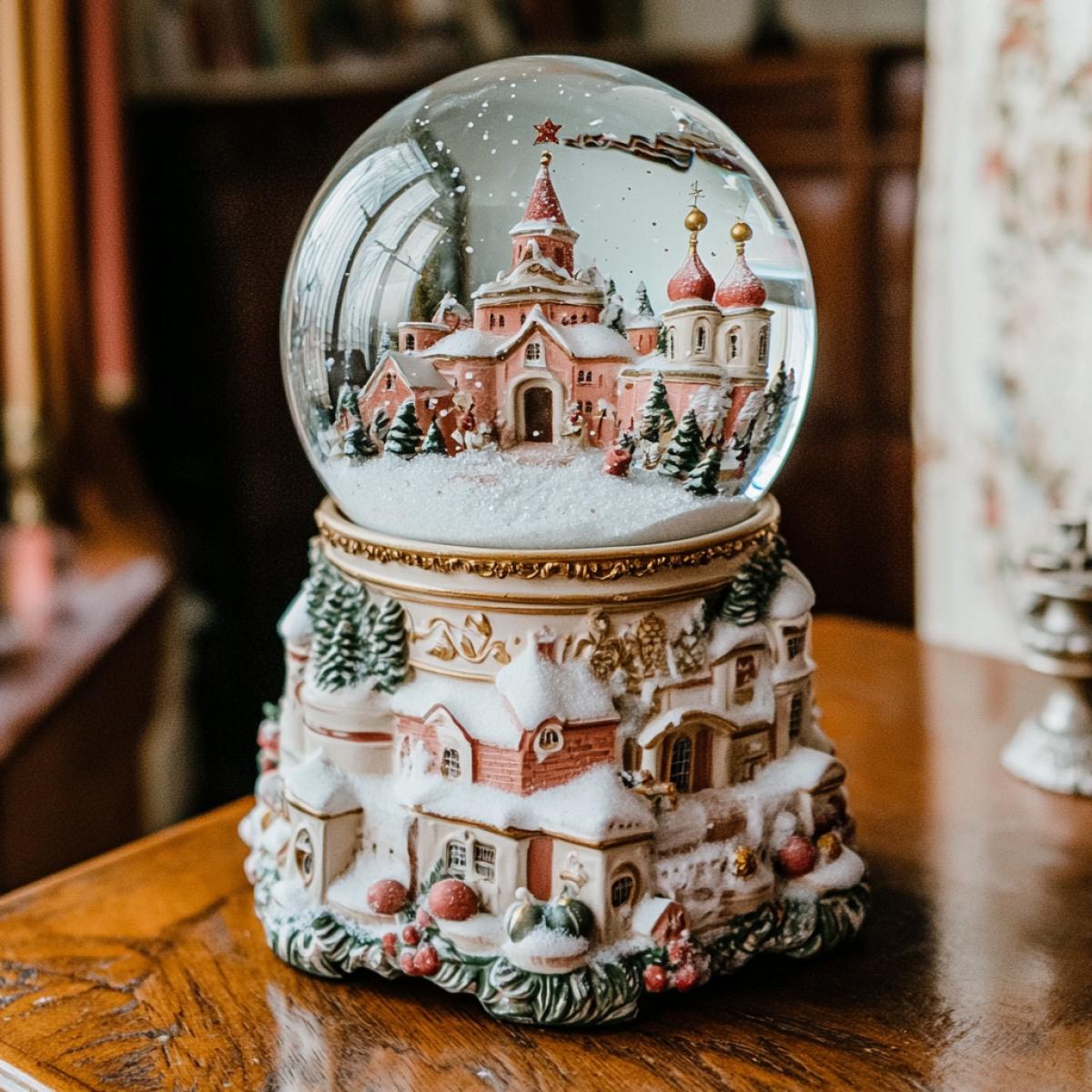 Photo of a snow globe, inside it is a snowy Russian village, it’s snowing, it’s cozy.