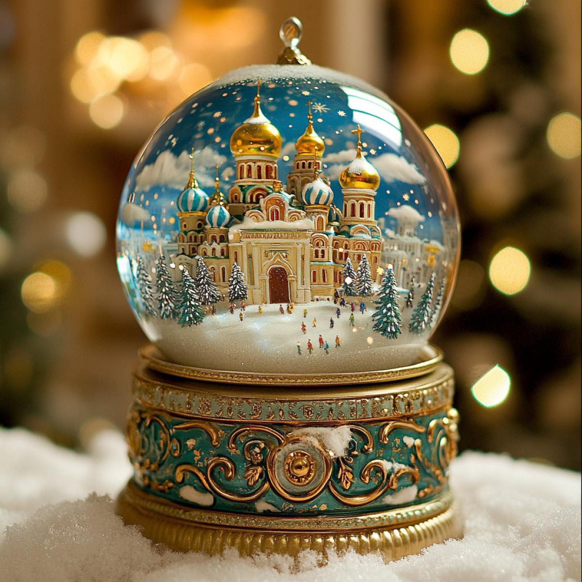 Photo of a snow globe, inside it is the whole of Russia and it’s snowing.