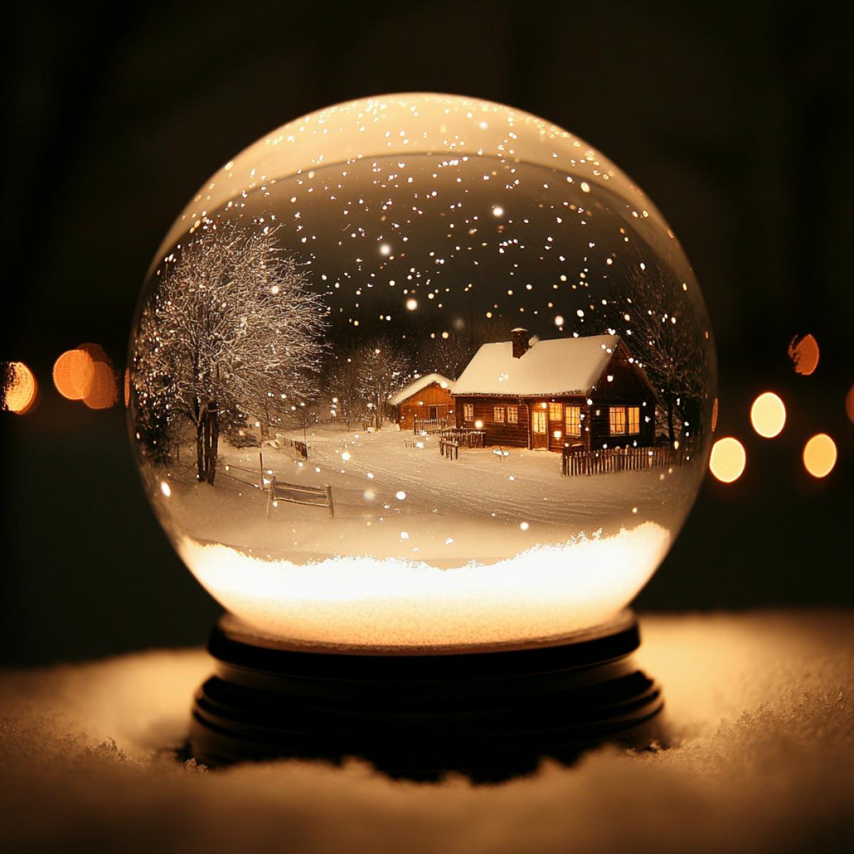 Photo of a snow globe, inside it is a snowy Russian village, it’s snowing, it’s cozy.