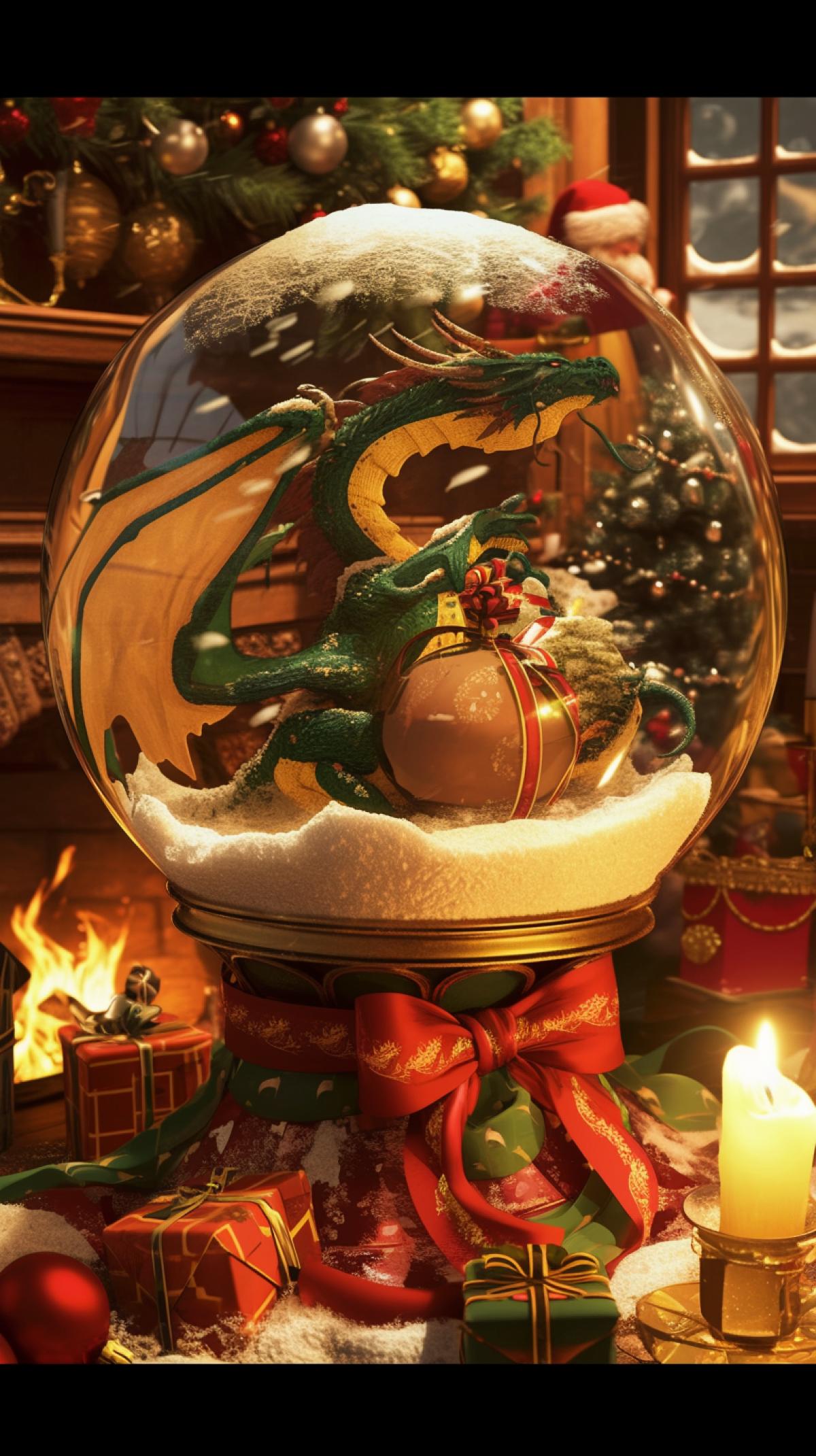 snow globe, christmas style, evening, candlelight and fireplace, inside the ball christmas dragon in santa claus costume, snow inside the ball, by Kazuo Oga, close up ,dark fantasy style,in dynamics, highly detailed, packed with hidden details, style, high dynamic range, hyper realistic, realistic attention to detail, highly detailed, 32K, intense close ups, uhd image, realism, colorful realism