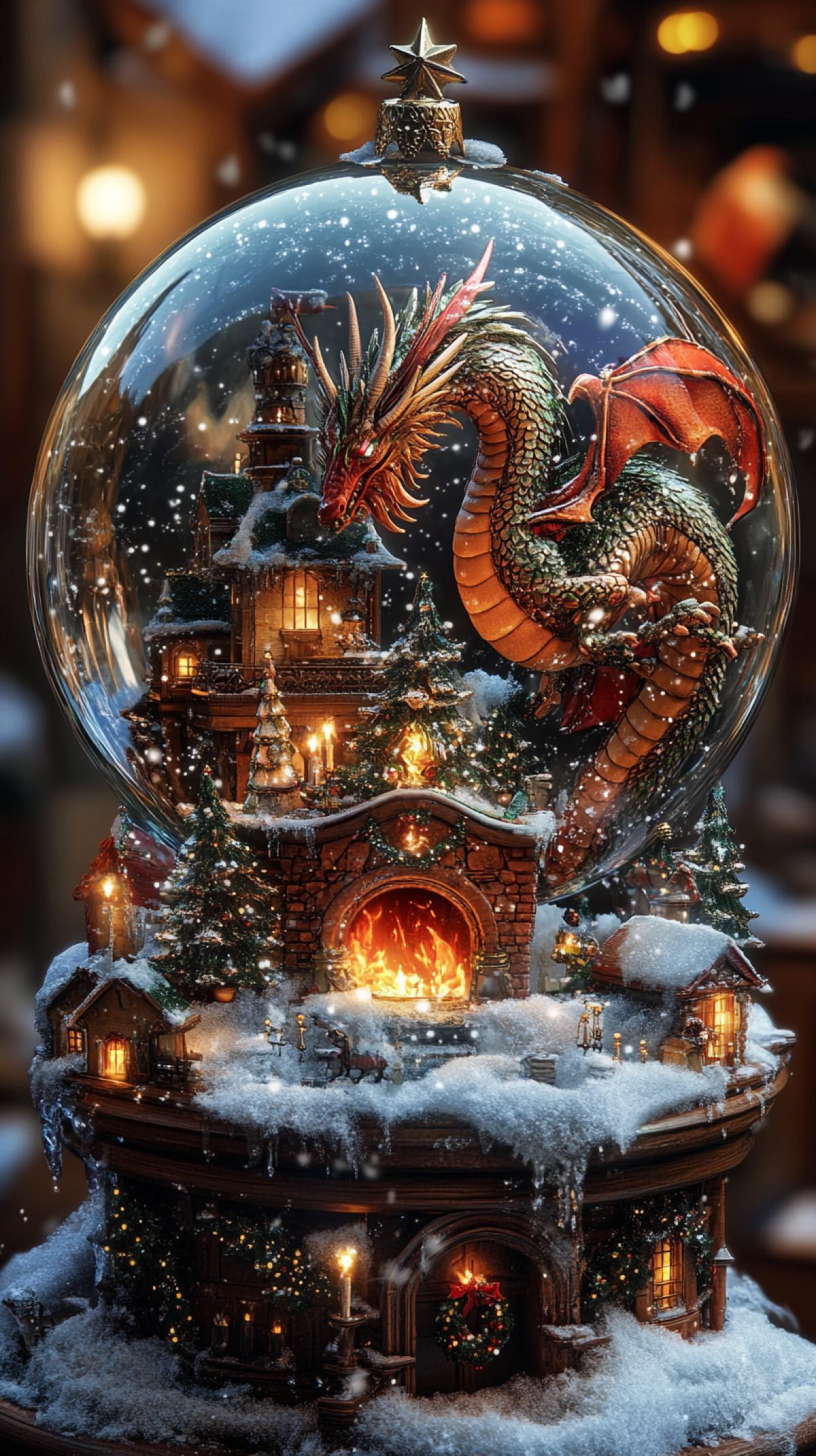 snow globe, christmas style, evening, candlelight and fireplace, inside the ball christmas dragon in santa claus costume, snow inside the ball, by Kazuo Oga , Disney style, close up ,dark fantasy style,in dynamics, highly detailed, packed with hidden details, style, high dynamic range, hyper realistic, realistic attention to detail, highly detailed, 32K, intense close ups, uhd image, realism, colorful realism