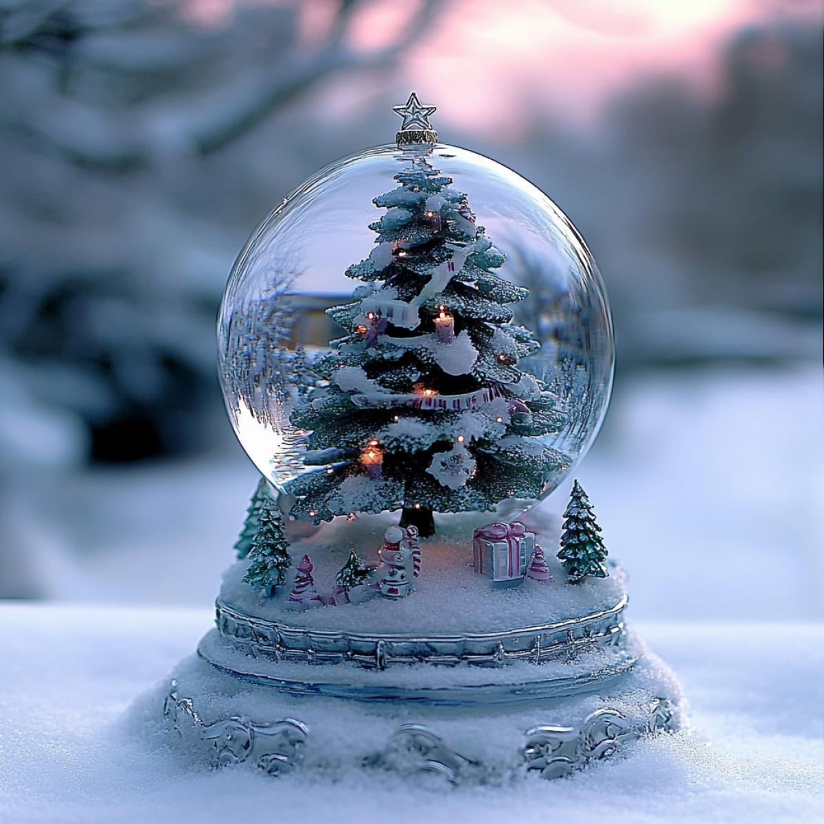 Photo of a snow globe, inside it there is a beautiful corn with a bow, it is snowing